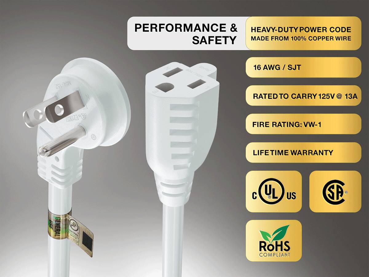 PERFORMANCE & SAFETY

HEAVY-DUTY POWER CODE MADE FROM 100% COPPER WIRE

16 AWG / SJT

RATED TO CARRY 125V @ 13A

FIRE RATING: VW-1

LIFE TIME WARRANTY

UL US

SA

RoHS COMPLIANT