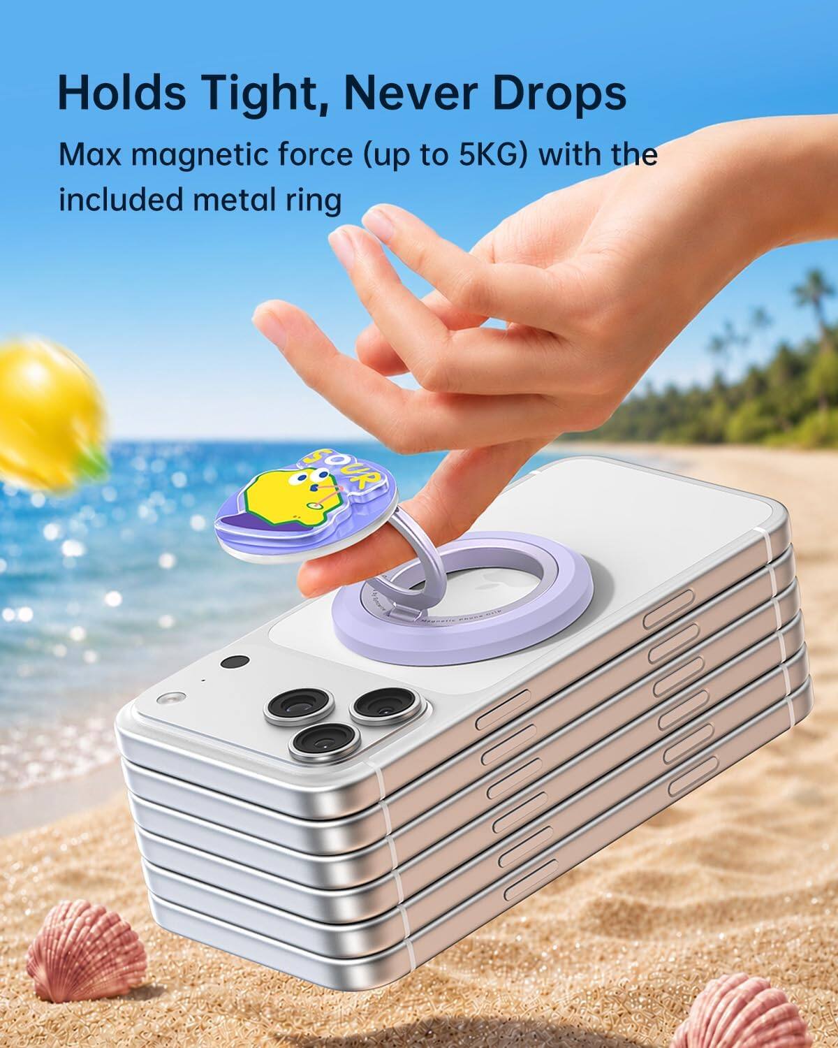 Holds Tight, Never Drops  
Max magnetic force (up to 5KG) with the included metal ring