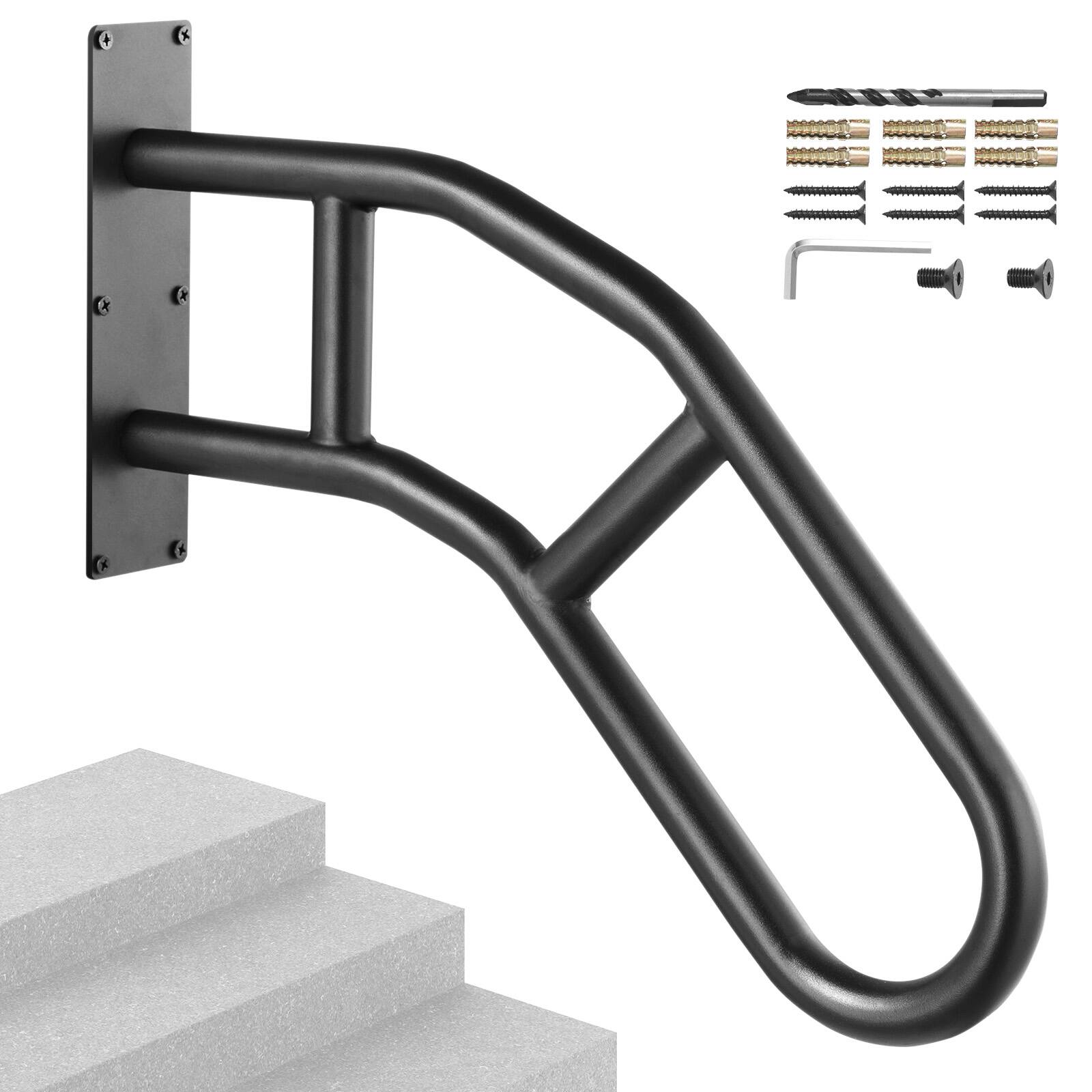Front. VEVOR - Handrails for Outdoor Steps, 29" Length Wall Mount Safety Railings for 1-3 Steps, U-Shaped Handrail with Matte Black - Black.