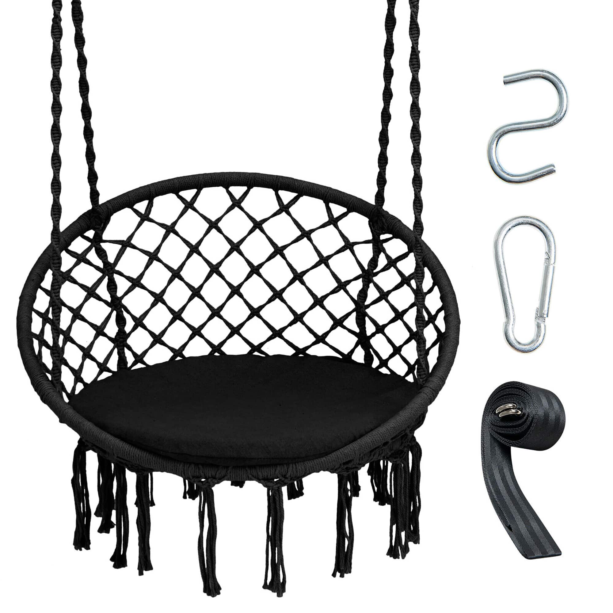 Gymax - Hammock Swing Chair with Cushion Hanging Hardware Kit Indoor Outdoor - Black