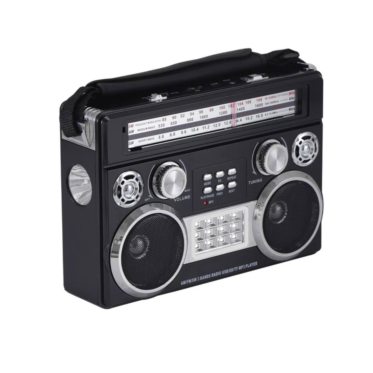 HE1009  
106 108 N 104 - 100 102 1800 98 1400 94 96 1200 90 92 1000 18.0 88 860 N4 15.2 ATON 650 12.8 FM T 530 12.0 MU RAUT 10.4 11.2 AM 9.6 S8 n 8.0 SMDET SI M KKE K OFF REPEAT 1 3OOW MAT MEST PREY VOLUME PLATFAISE WP TUNING MP3 PLAYER SDTF TF RADIO USB J BANDS AMFMISH

FM SW 5 BANDS RADIO/USB/SD/TF MP3 PLAYER