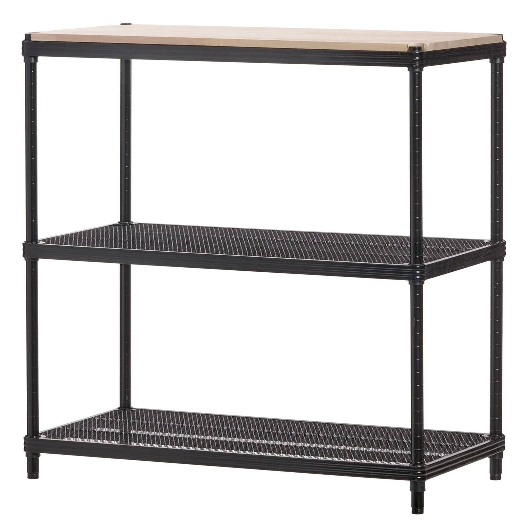 Front. Design Ideas - Design Ideas MeshWorks Shelving Rack, Metal Mesh Shelf Unit with Wood Top, Black - Black.