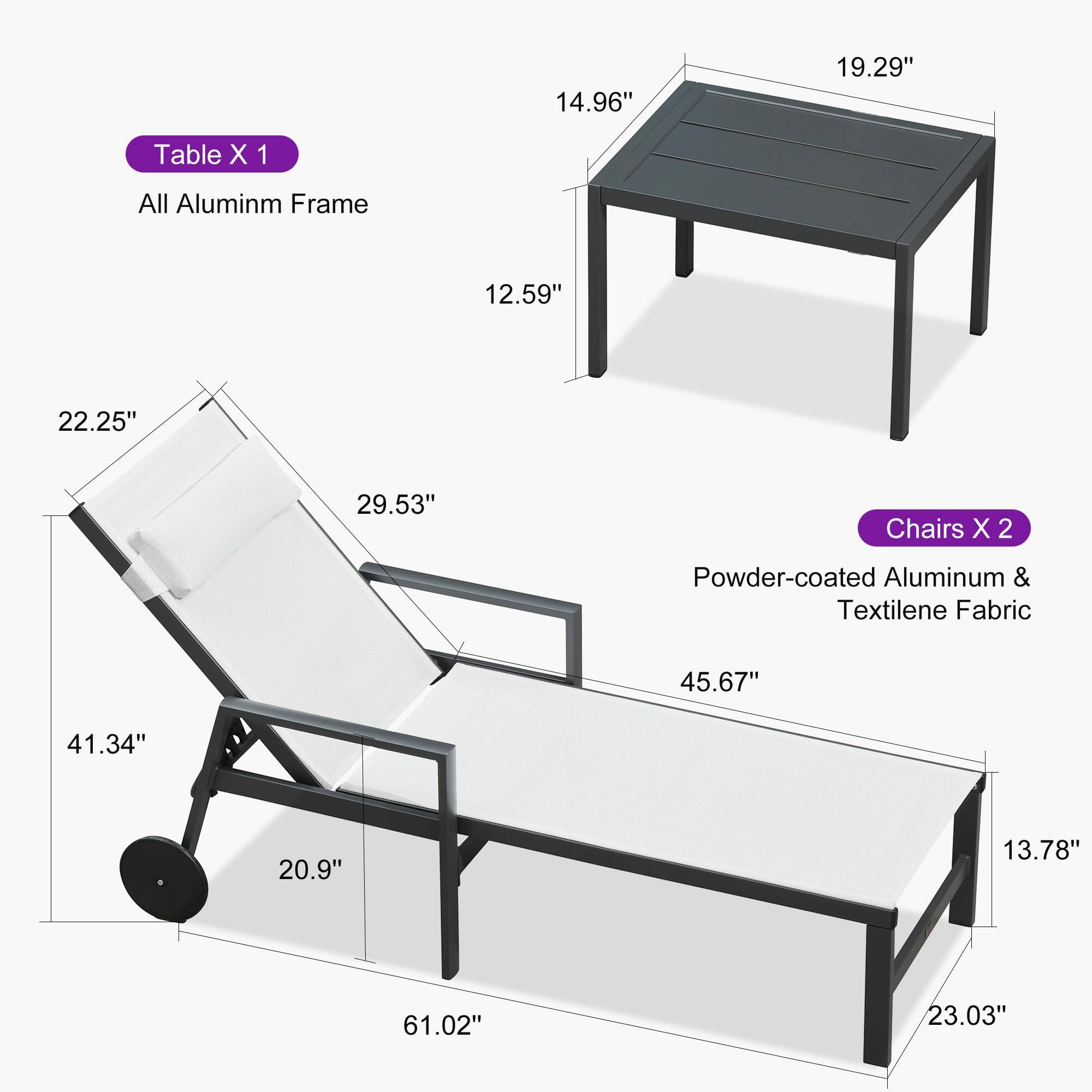 Table X 1  
All Aluminum Frame  
14.96" x 19.29"  

Chairs X 2  
Powder-coated Aluminum & Textilene Fabric  
12.59" x 22.25" x 29.53"  
45.67" x 41.34" x 20.9" x 13.78" x 61.02" x 23.03"