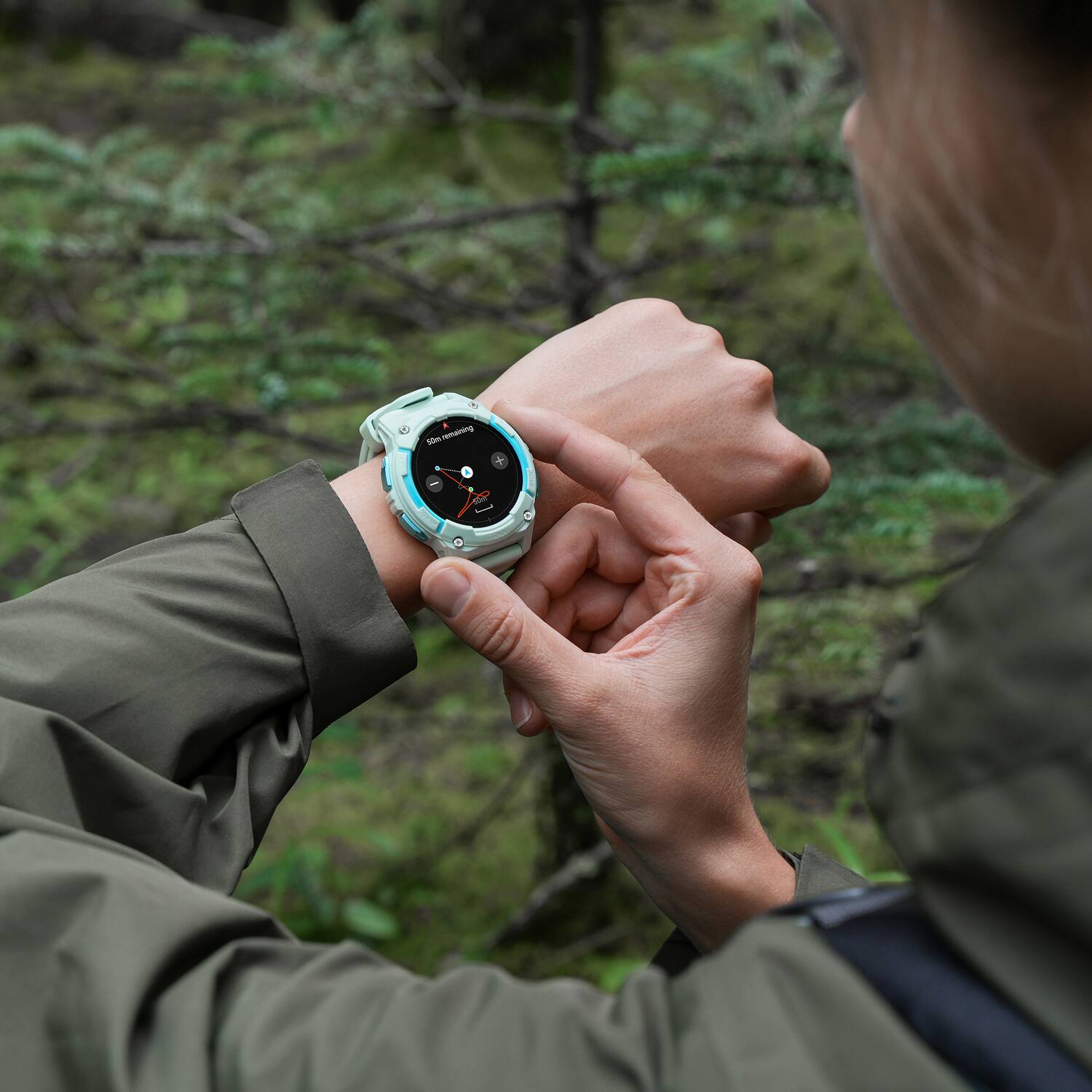 Left. KOSPET - TANK S2 GPS Smartwatch 1.32" AMOLED Touchscreen, Bluetooth, 170+ Sports Modes, Military-Grade Protection - Iris Green.