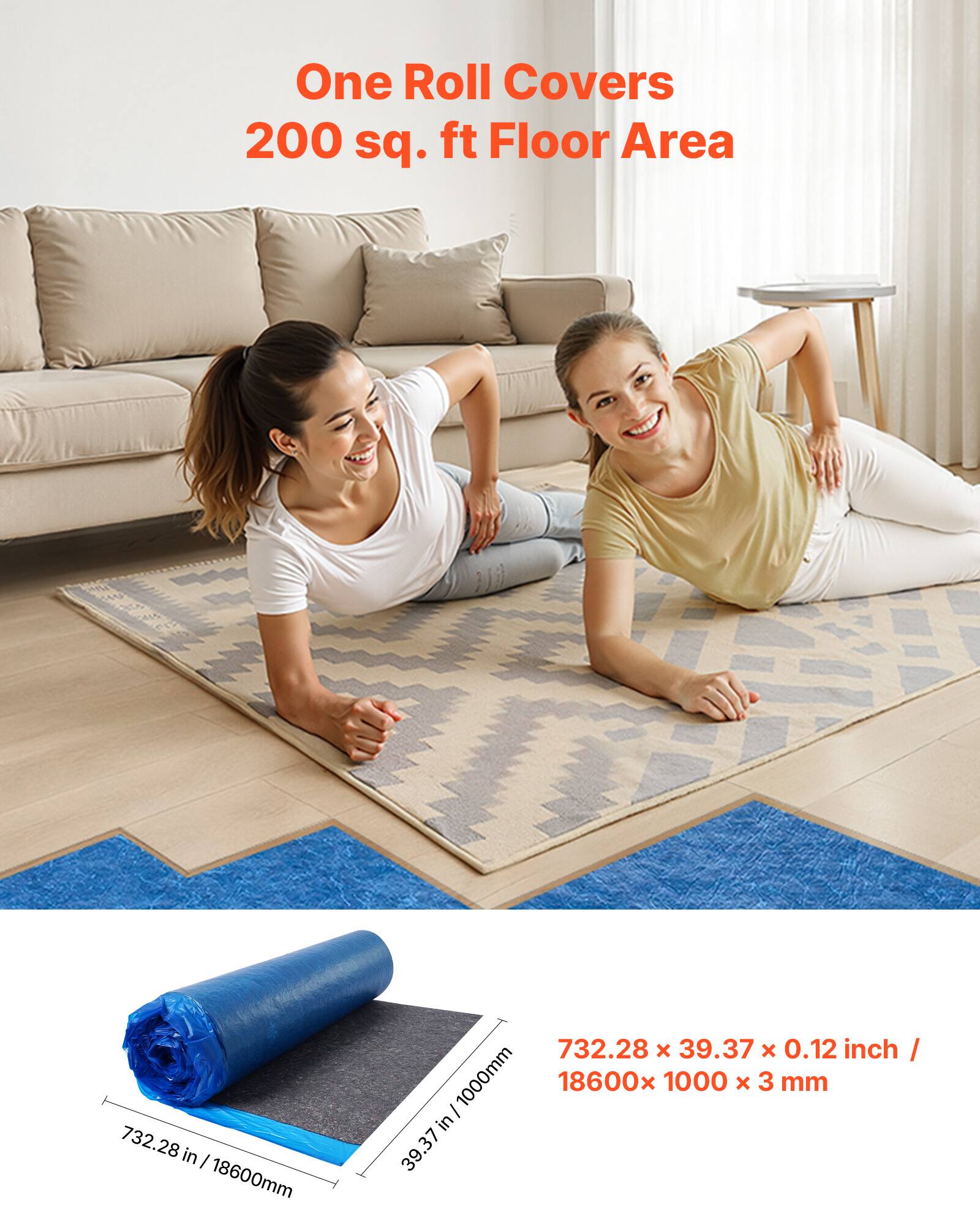 One Roll Covers 200 sq. ft Floor Area

732.28 in / 18600mm
732.28 x 39.37 x 0.12 inch / 18600x 1000 x 3 mm