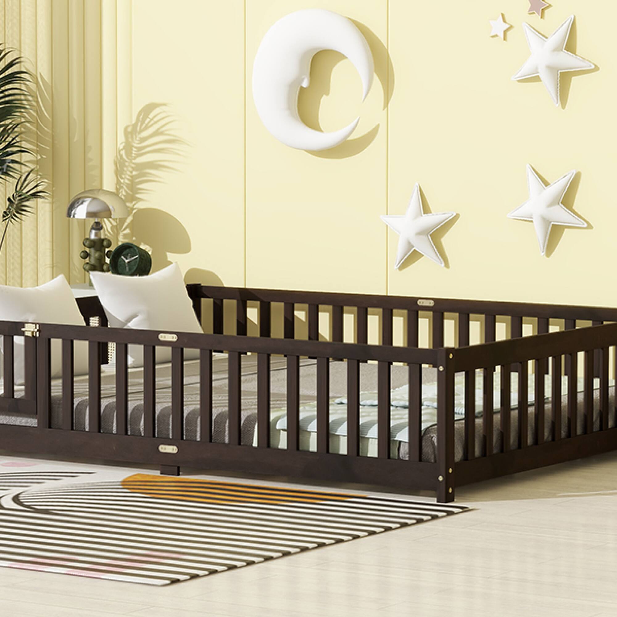 Alt View 4. GOODSILO - Queen Size Low-Profile Platform Bed with Safety Guardrails and Entry Door for Secure Sleeping Space - Espresso.