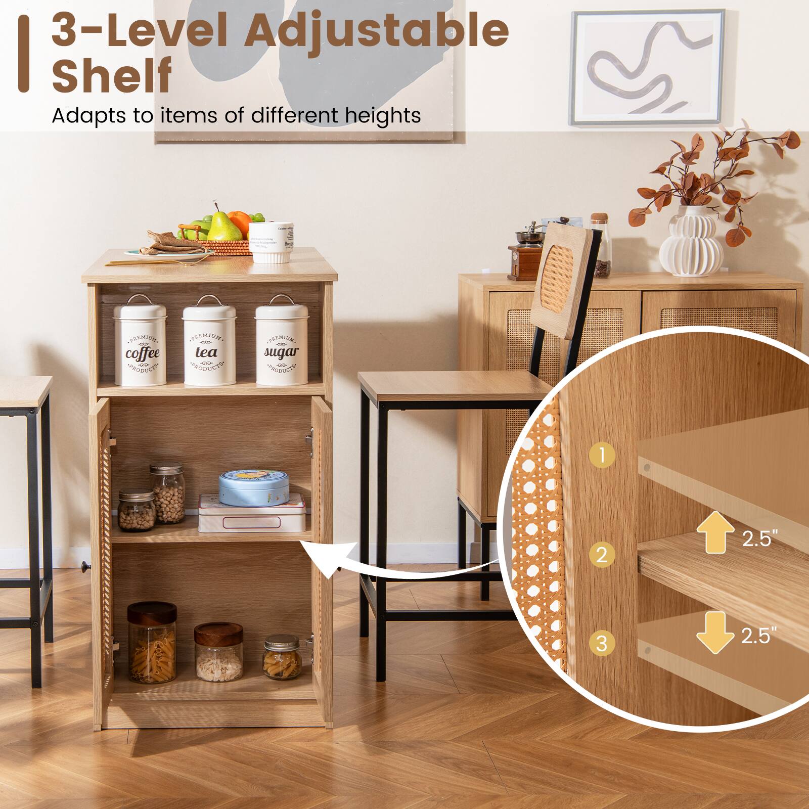 3-Level Adjustable Shelf  
Adapts to items of different heights  

1  
2  
3  

2.5"  
2.5"