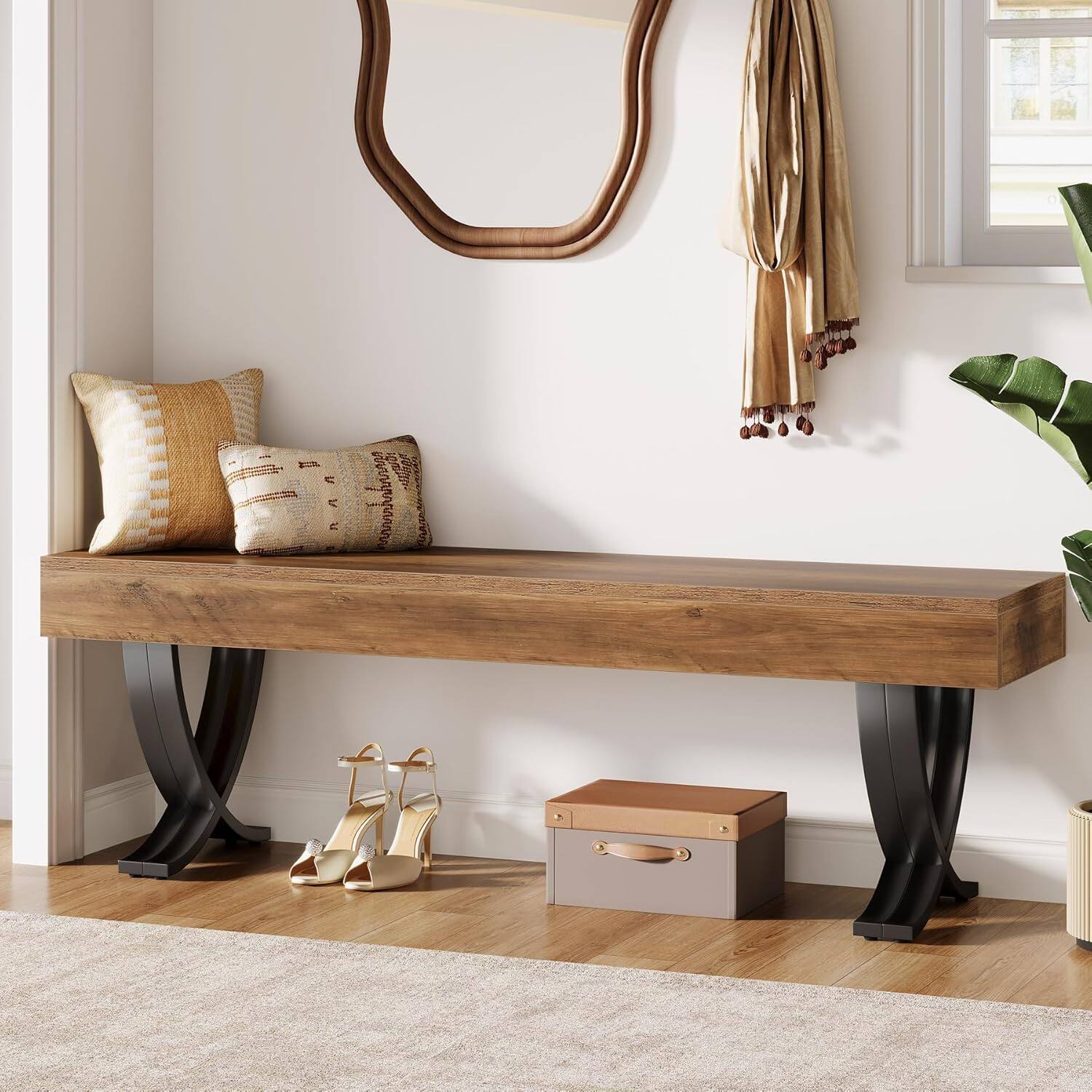 Front. Tribesigns - Office Reception Bench with Engineered Wood Construction, Metal Frame, for Office Entryways and Waiting Areas - Brown.