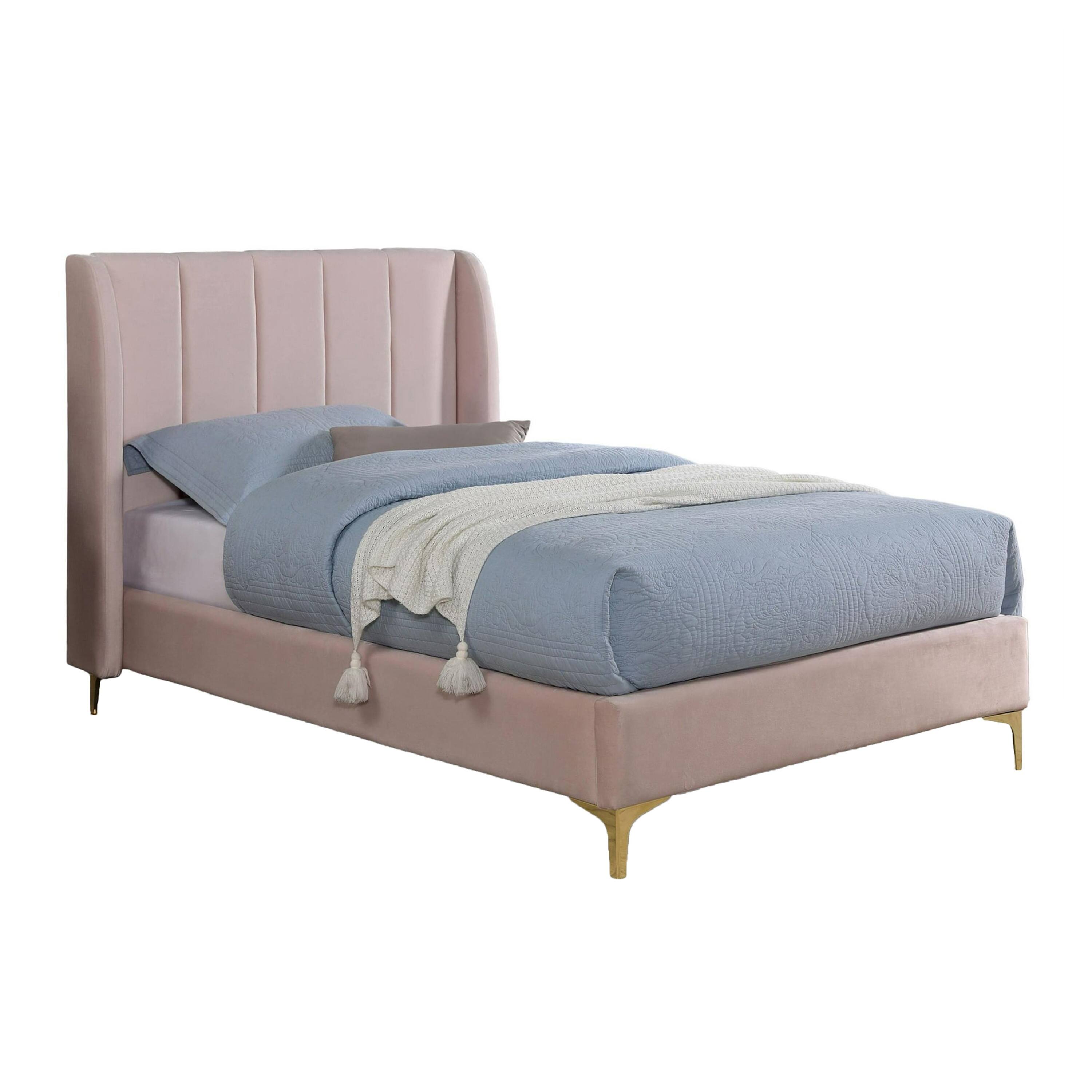 Front. Manhattan Lane - Pevy Twin Size Bed, Tufted Wingback in Light Pink Velvelike Upholstery - Pink, Gold.