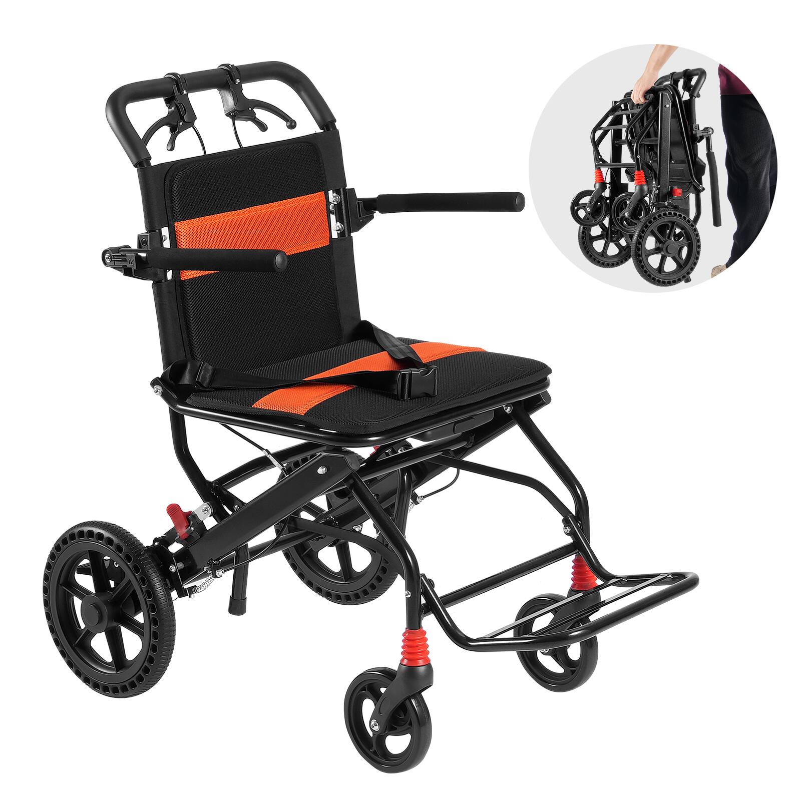 Front. VEVOR - Wheelchair, Aluminum Alloy Ultra-Lightweight Transport Chair for Adults, Foldable with Flip-Back Desk-Length Arms - Black.