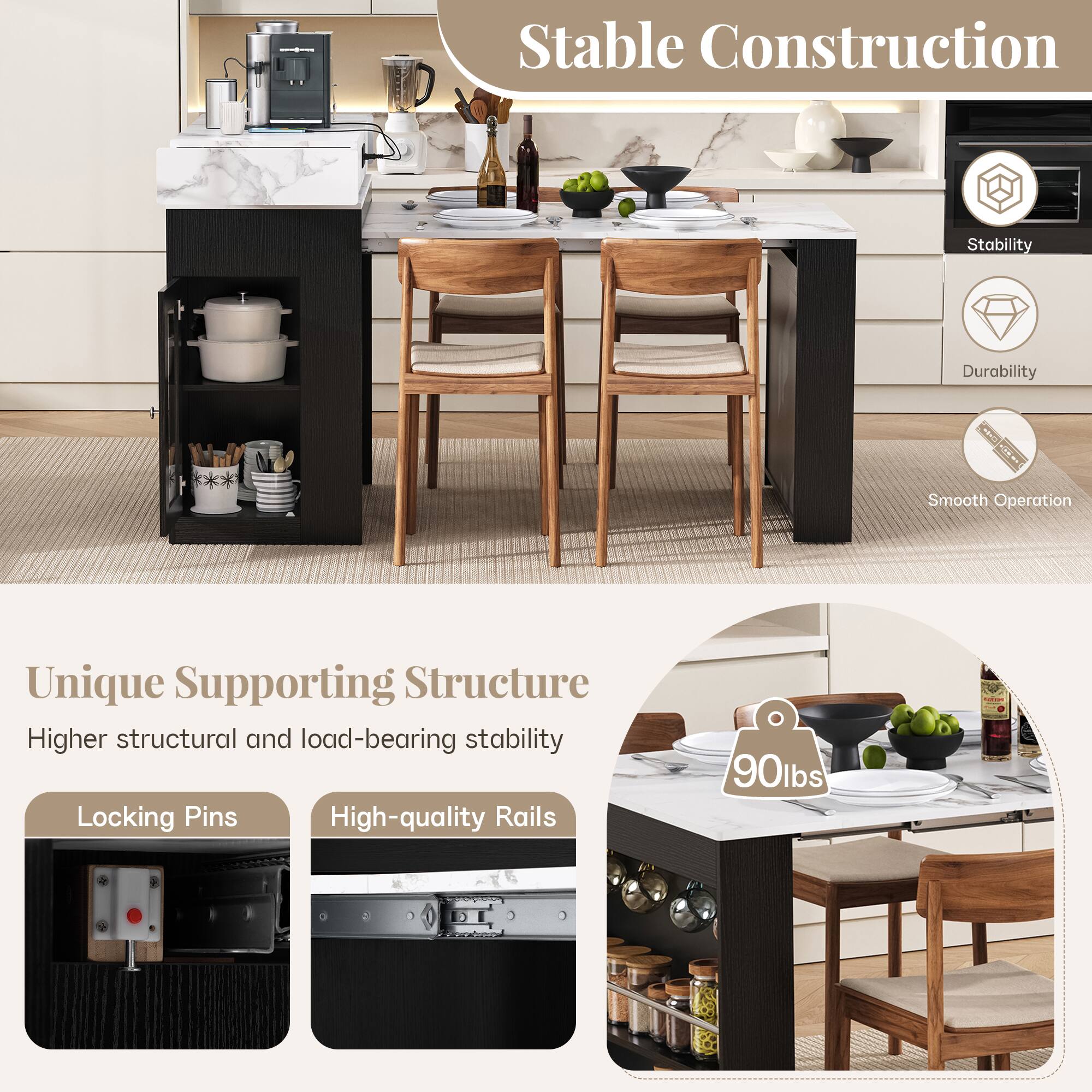 Stable Construction  
Stability  
Durability  

Smooth Operation  
Unique Supporting Structure  
Higher structural and load-bearing stability  

Locking Pins  
High-quality Rails  
90lbs