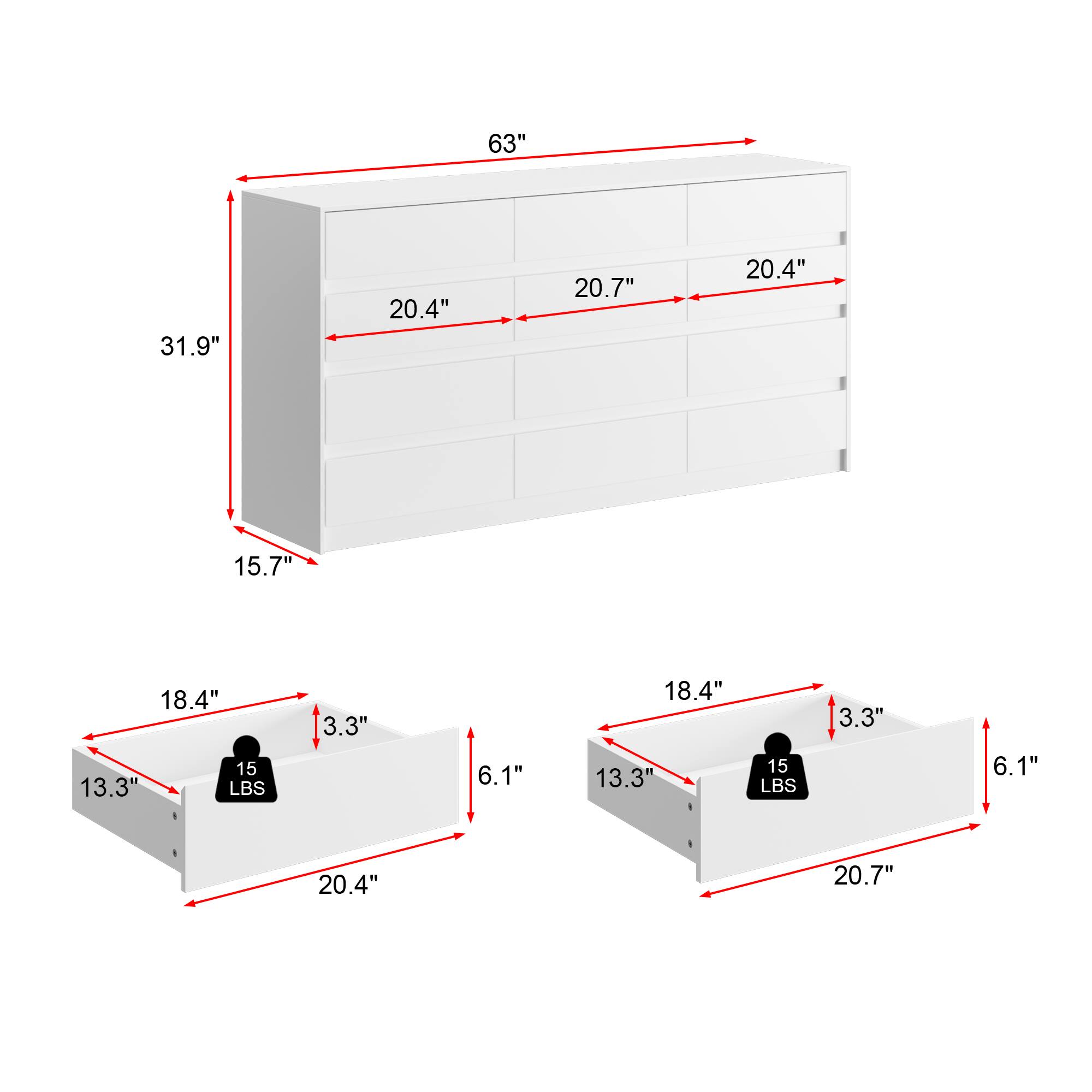 63", 31.9", 20.4", 20.7", 20.4", 15.7", 18.4", 15 LBS, 13.3", 3.3", 6.1", 18.4", 13.3", 15 LBS, 3.3", 6.1", 20.4", 20.7"