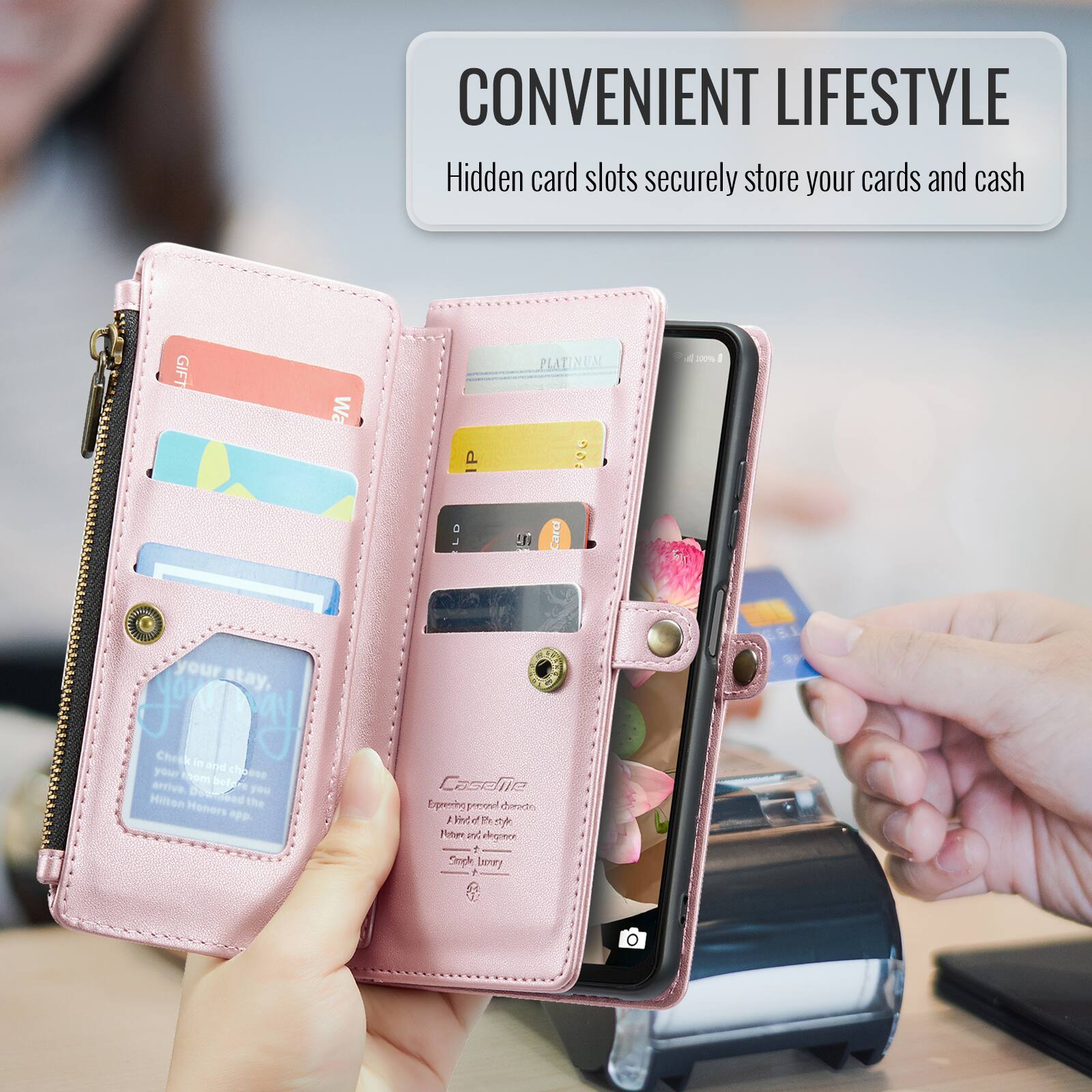 CONVENIENT LIFESTYLE  
Hidden card slots securely store your cards and cash  

GIFT Wa P PLATINUM: 4%  
I: 41 PIE  

your stay, Jme Chock in and your com chobse arrive bely Detmobed you Hilton Honors the a Caseiie Epreving gin_orl doo J Rhd e P  
Potar aR  
Seell bunry
