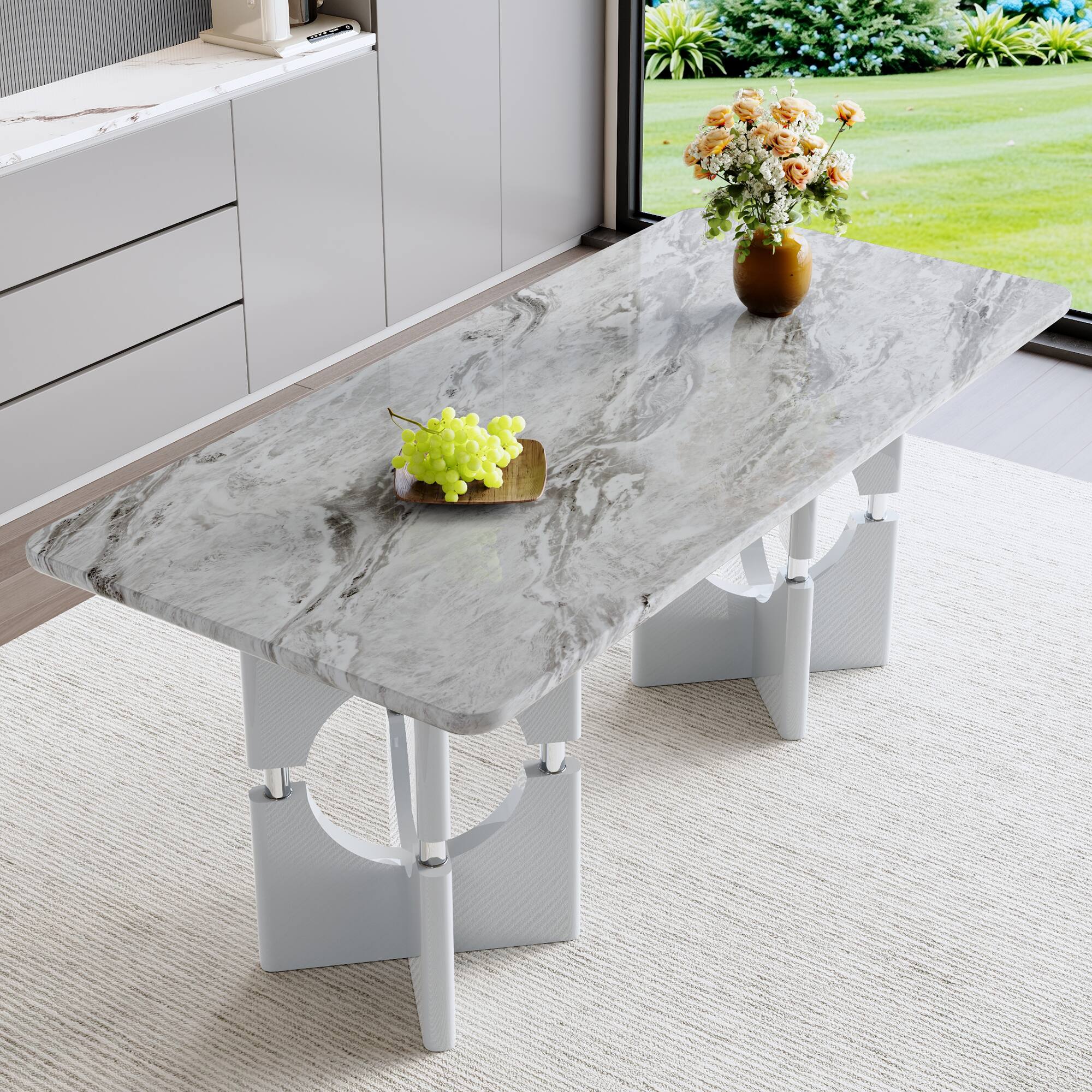Angle. Loheer - Loheer- 5.9ft Modern Gray Faux Marble Dining Table Sleek Hollow Frame Kitchen Table for Small Apartment - Gray.