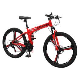Winado - 26" Folding Bike Full Suspension Mountain Bike 21 Speed Mens/Womens High Carbon Steel Frame,Suspension Fork - Red