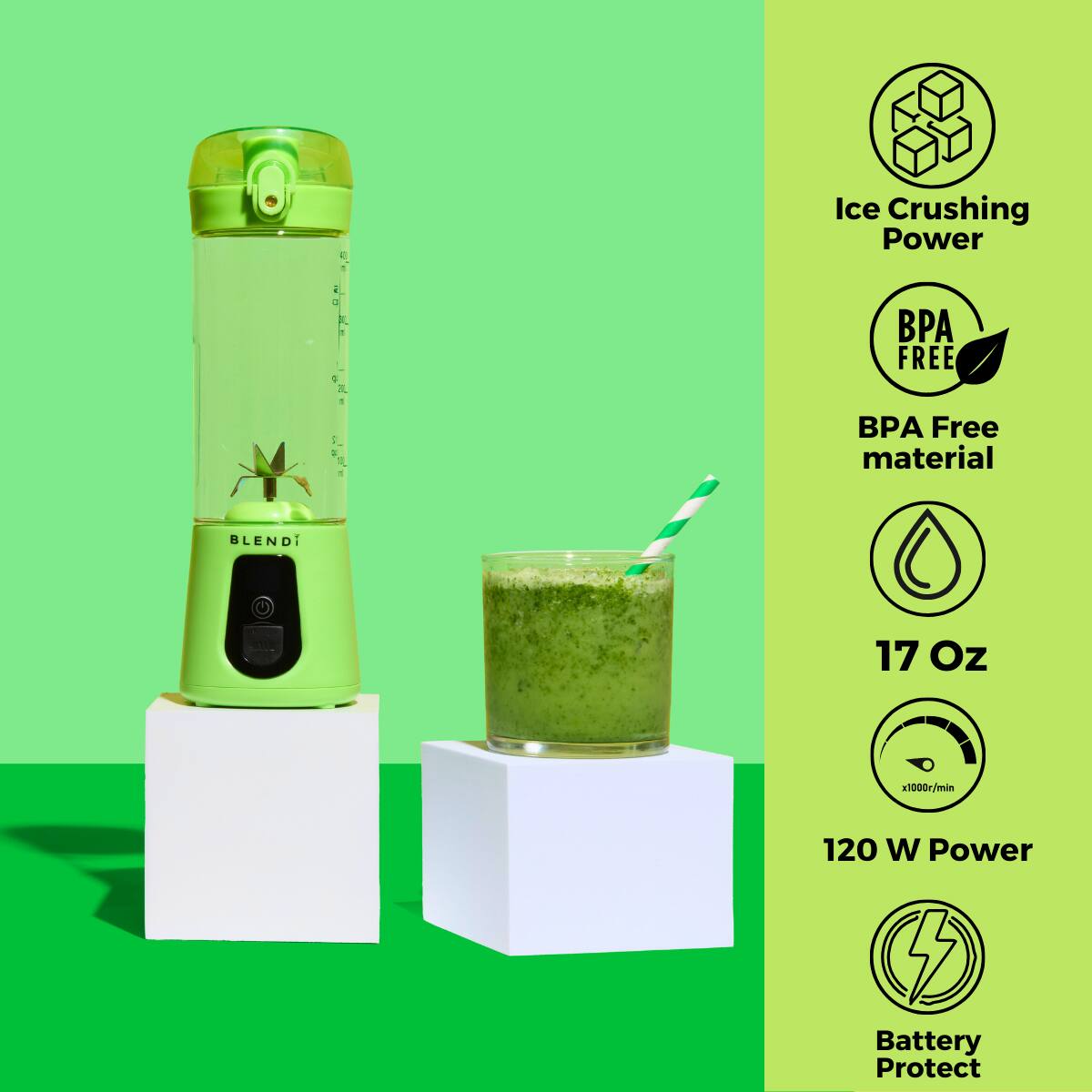 Ice Crushing Power  
BPA Free material  
17 Oz  
120 W Power  
Battery Protect