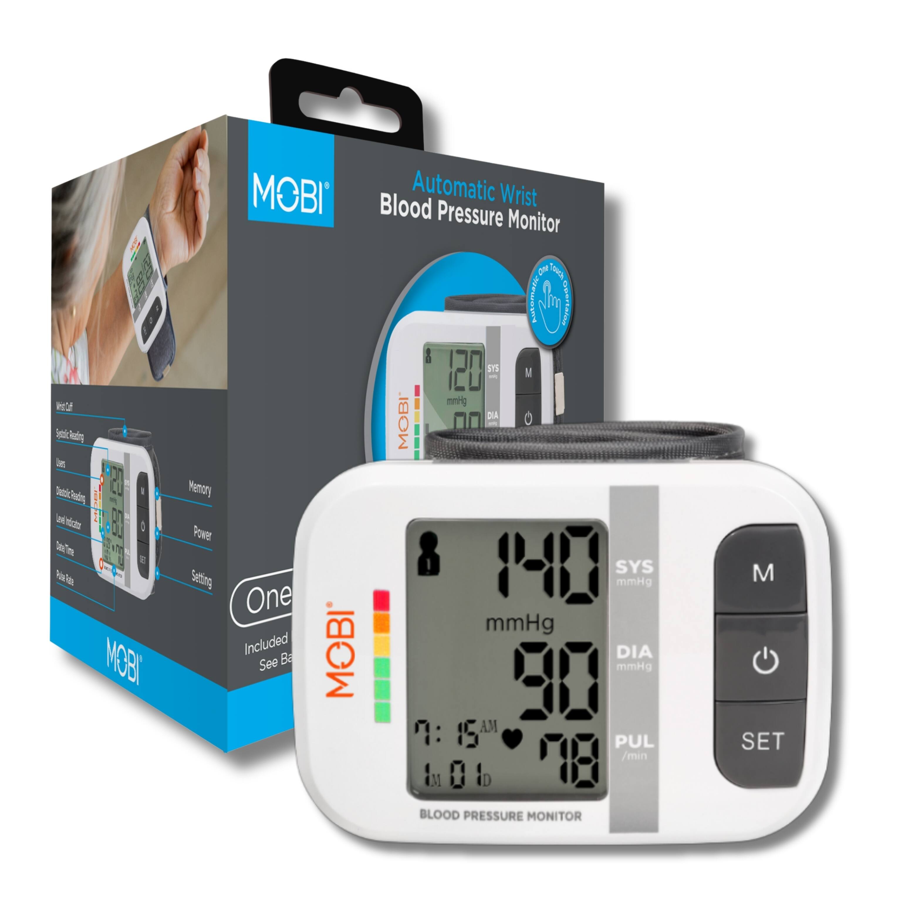 MOBI Automatic Wrist Blood Pressure Monitor

- One Included See Ba
- Memory
- Power
- Setting

120 mmHg
80 mmHg

140 mmHg
90 mmHg

7:15 AM
78 /min

PUL

M
SET

BLOOD PRESSURE MONITOR