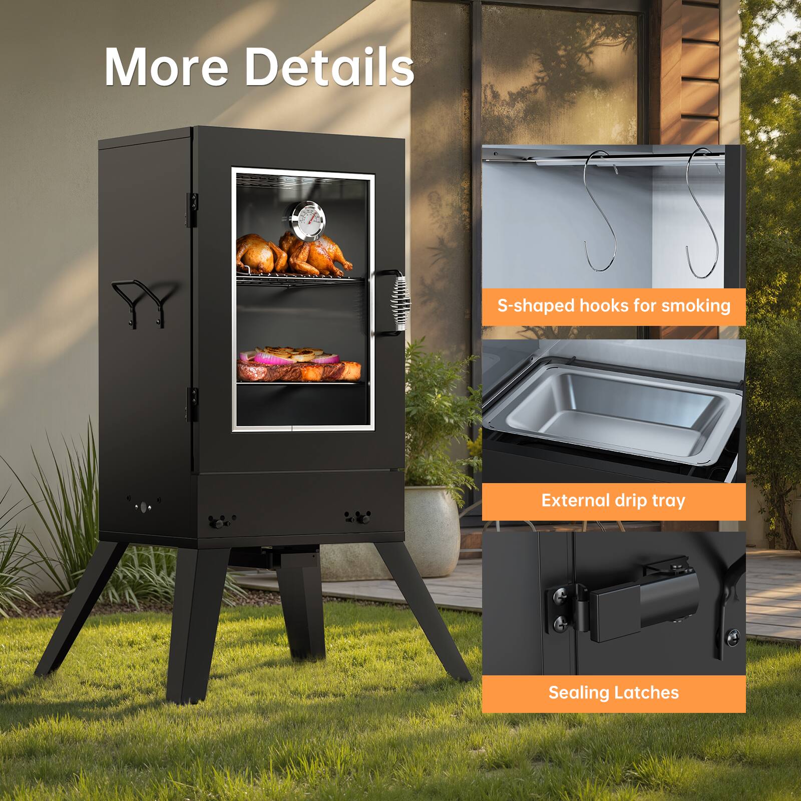 More Details

- 5 S-shaped hooks for smoking
- External drip tray
- Sealing Latches