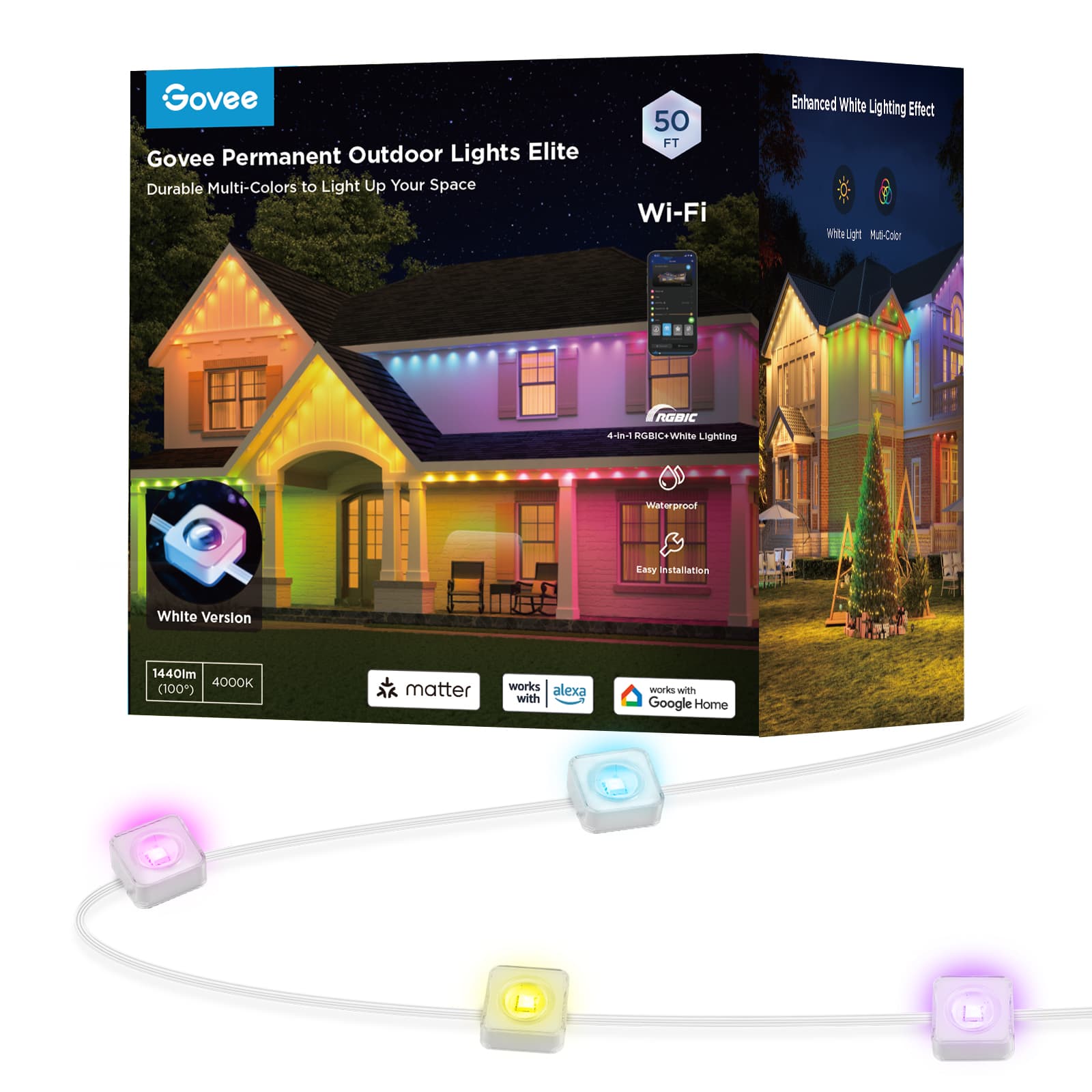 Govee Permanent Outdoor Lights Elite Durable Multi-Colors to Light Up Your Space 50 FT Wi-Fi Enhanced White Lighting Effect - Colorful LED Lights for Home Decoration, Waterproof, Easy Installation, White Version 1440lm 4000K (100) - Works with Alexa and Google Home.