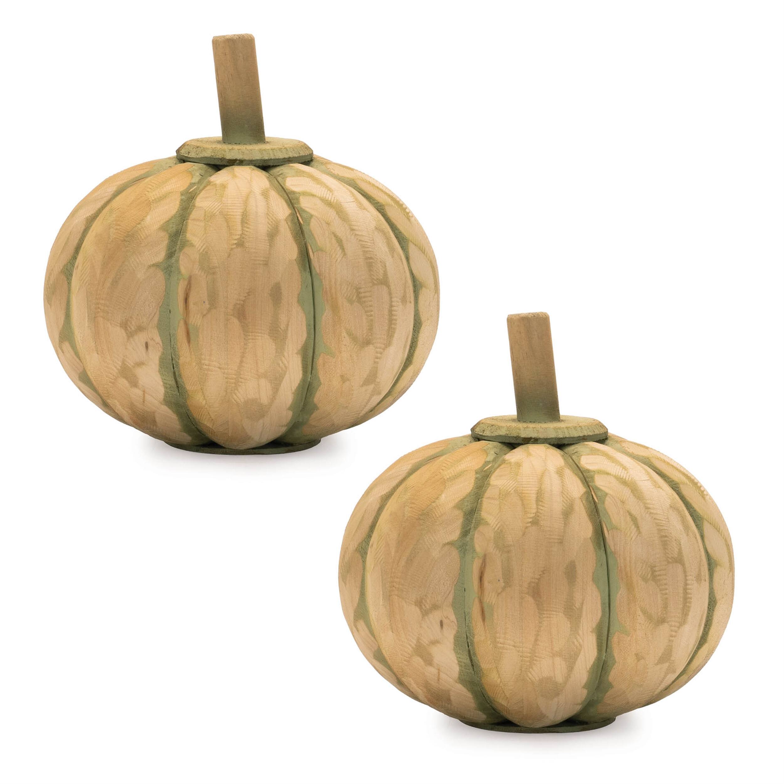 Angle. BreeBe - Carved Fir Wood Pumpkin Decor (Set of 2) - Beige, Green.