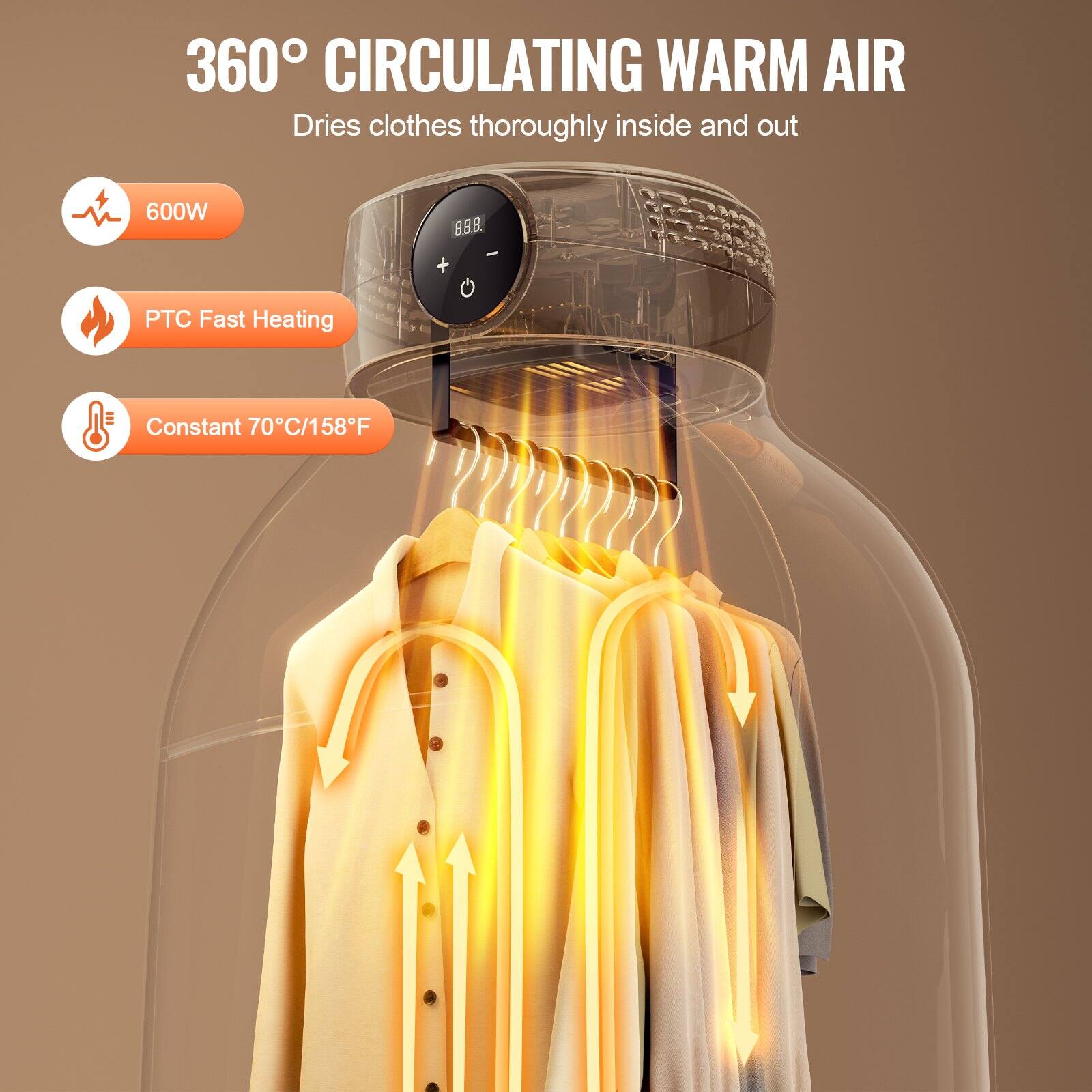 360° CIRCULATING WARM AIR  
Dries clothes thoroughly inside and out  

600W  
PTC Fast Heating  
Constant 70°C/158°F