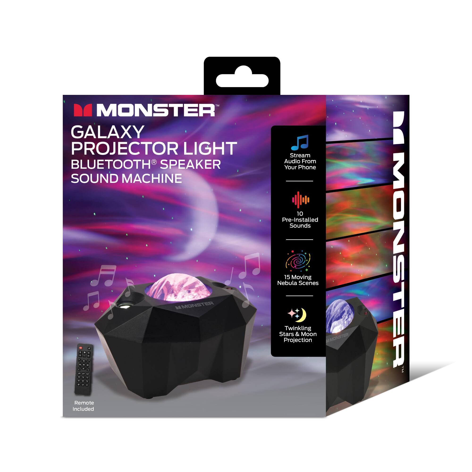MONSTER GALAXY PROJECTOR LIGHT BLUETOOTH SPEAKER SOUND MACHINE

- Remote Included
- Stream Audio From Your Phone
- 10 Pre-Installed Sounds
- 15 Moving Nebula Scenes
- Twinkling Stars & Moon Projection