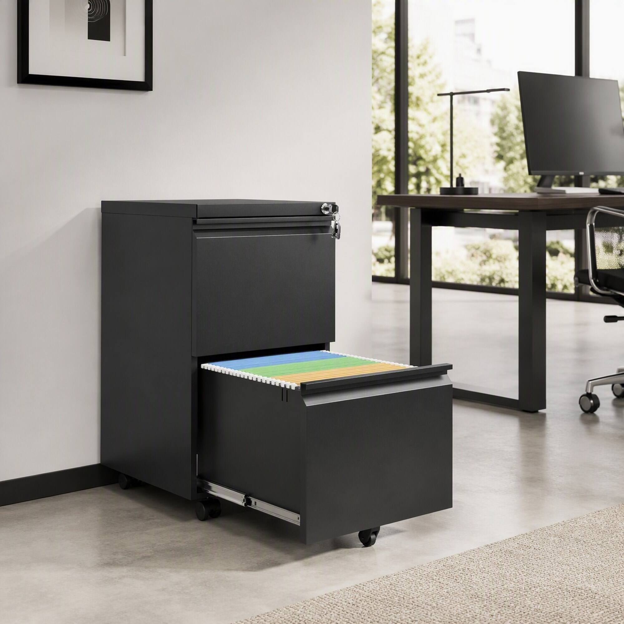 Left. RYHNUYNE - 2 Drawer Metal  Mobile File Cabinet Rolling File Cabinet with Lock for   Home Office.