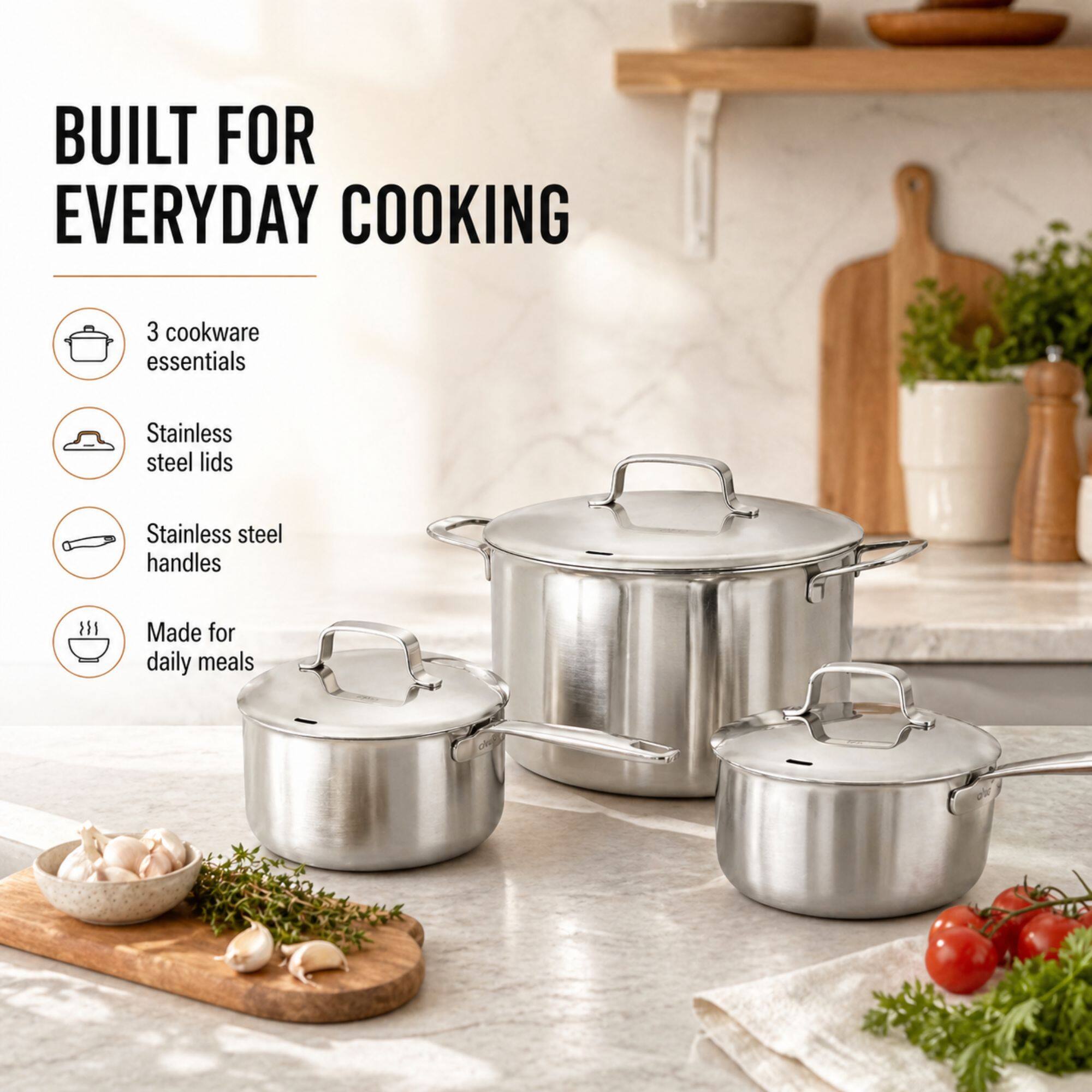 BUILT FOR EVERYDAY COOKING

- 3 cookware essentials
- Stainless steel lids
- Stainless steel handles
- Made for daily meals