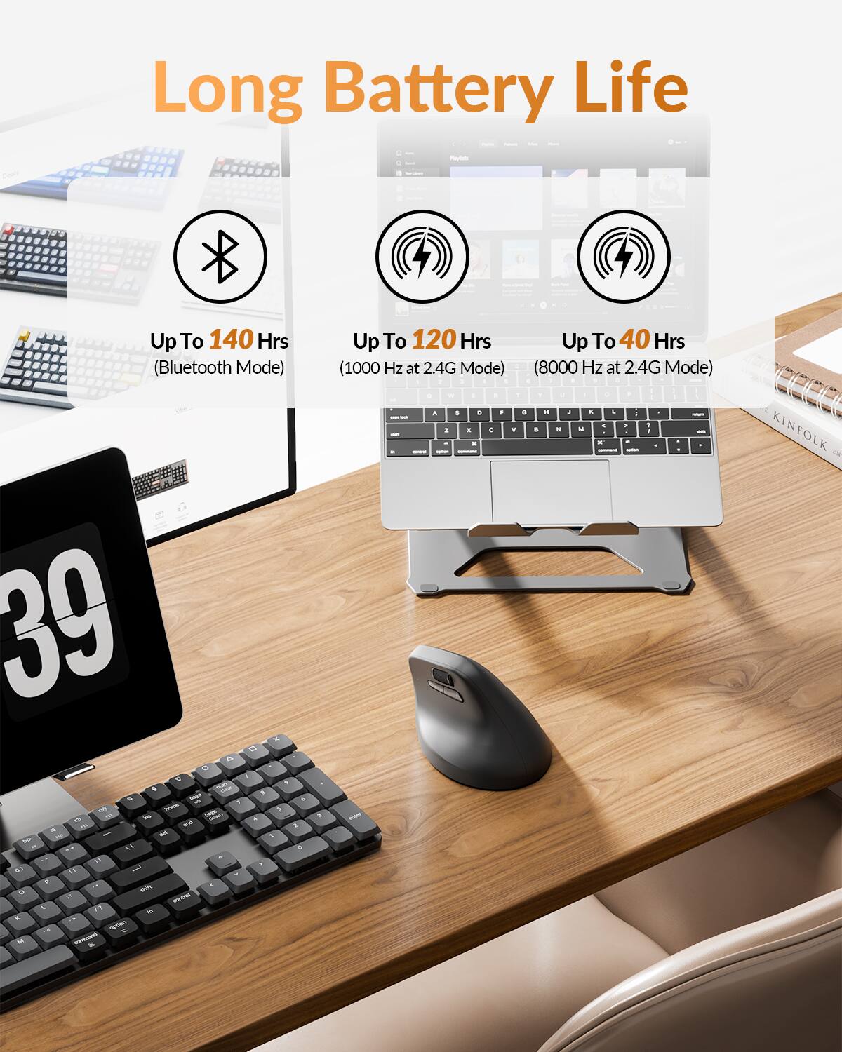 Long Battery Life

- Up To 140 Hrs (Bluetooth Mode)
- Up To 120 Hrs (1000 Hz at 2.4G Mode)
- Up To 40 Hrs (8000 Hz at 2.4G Mode)