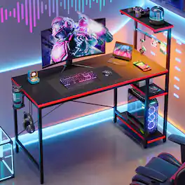 Bestier - 44" Gaming Desk with RGB LED Lights, 4-Tier Storage Shelves, and Hook - Black Carbon Fiber