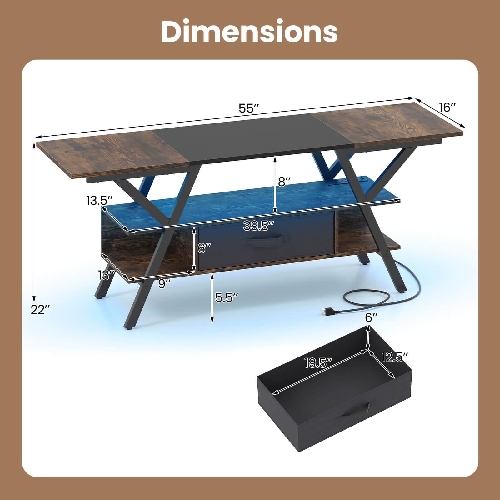 Dimensions:
- Tabletop: 55" x 16"
- Table height: 29.5"
- Drawer: 13.5" x 13" x 6"
- Drawer height: 9"
- Drawer depth: 5.5"
- Box: 19.5" x 12.5" x 6"