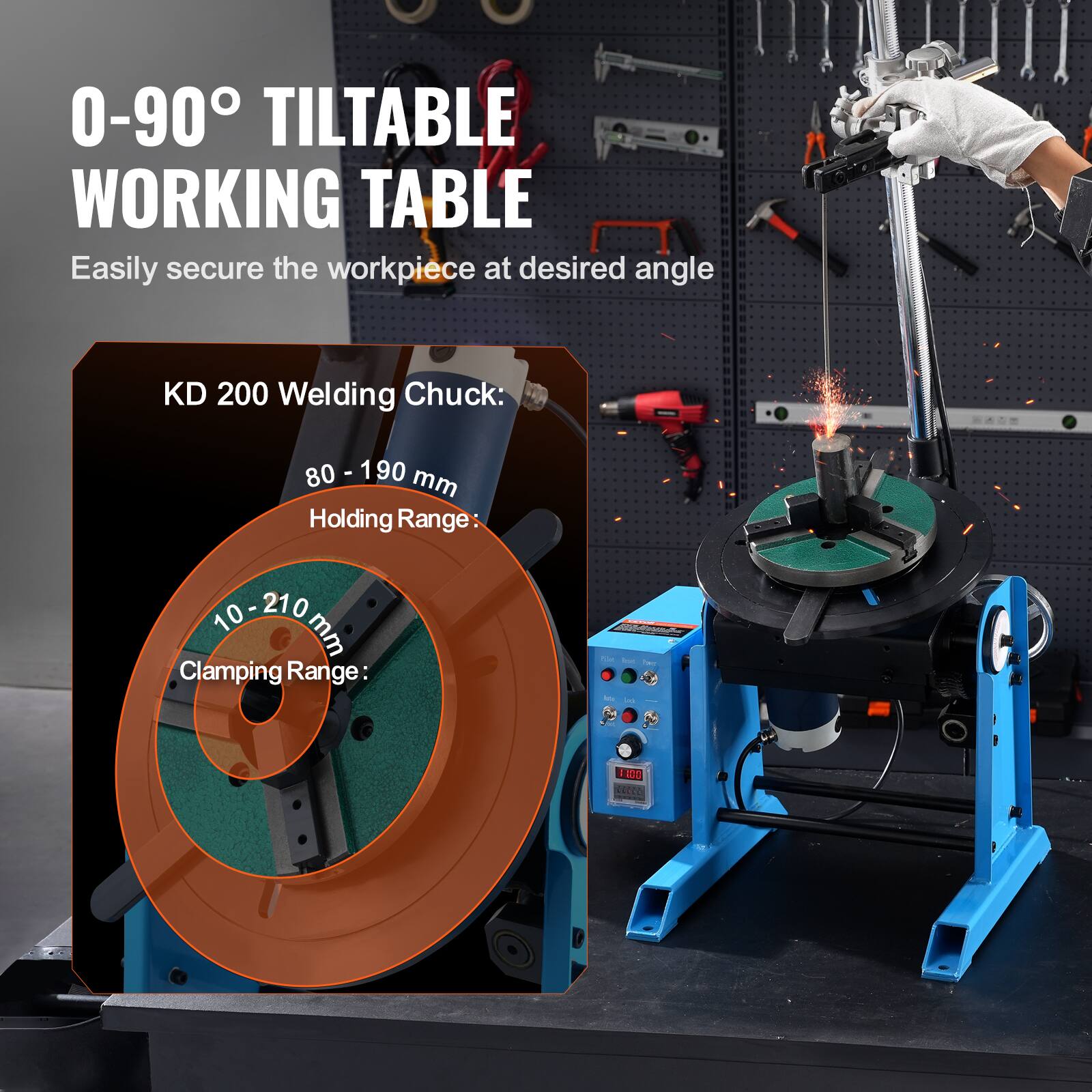 0-90° TILTABLE WORKING TABLE  
Easily secure the workpiece at desired angle  

KD 200 Welding Chuck:  
80 - 190 mm Holding Range  
10 - 210 mm Clamping Range