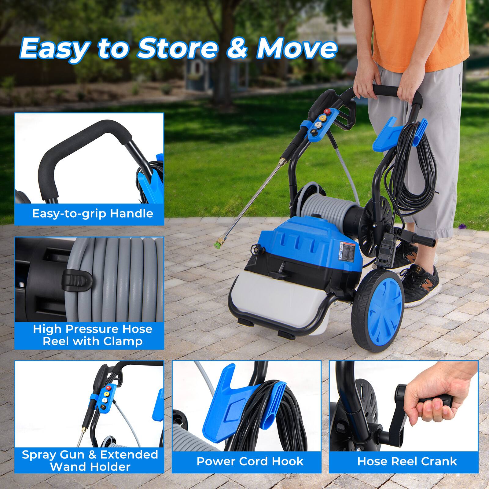 Easy to Store & Move, Easy-to-grip Handle, High Pressure Hose Reel with Clamp, Spray Gun & Extended Wand Holder, Power Cord Hook, Hose Reel Crank