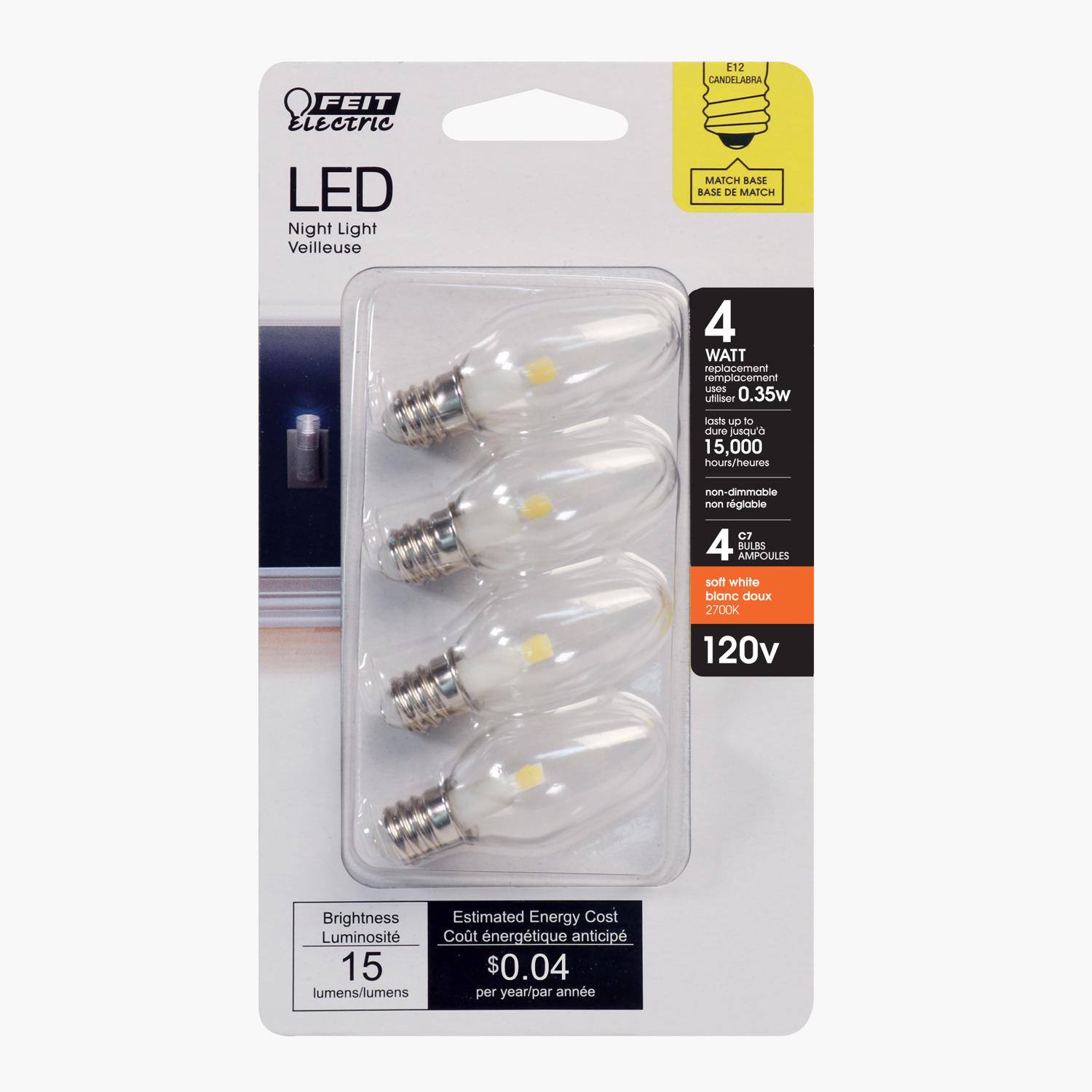 FEIT ELECTRIC - Feit C7 E12 (Candelabra) LED Bulb Soft White 4 Watt Equivalence 4 pk