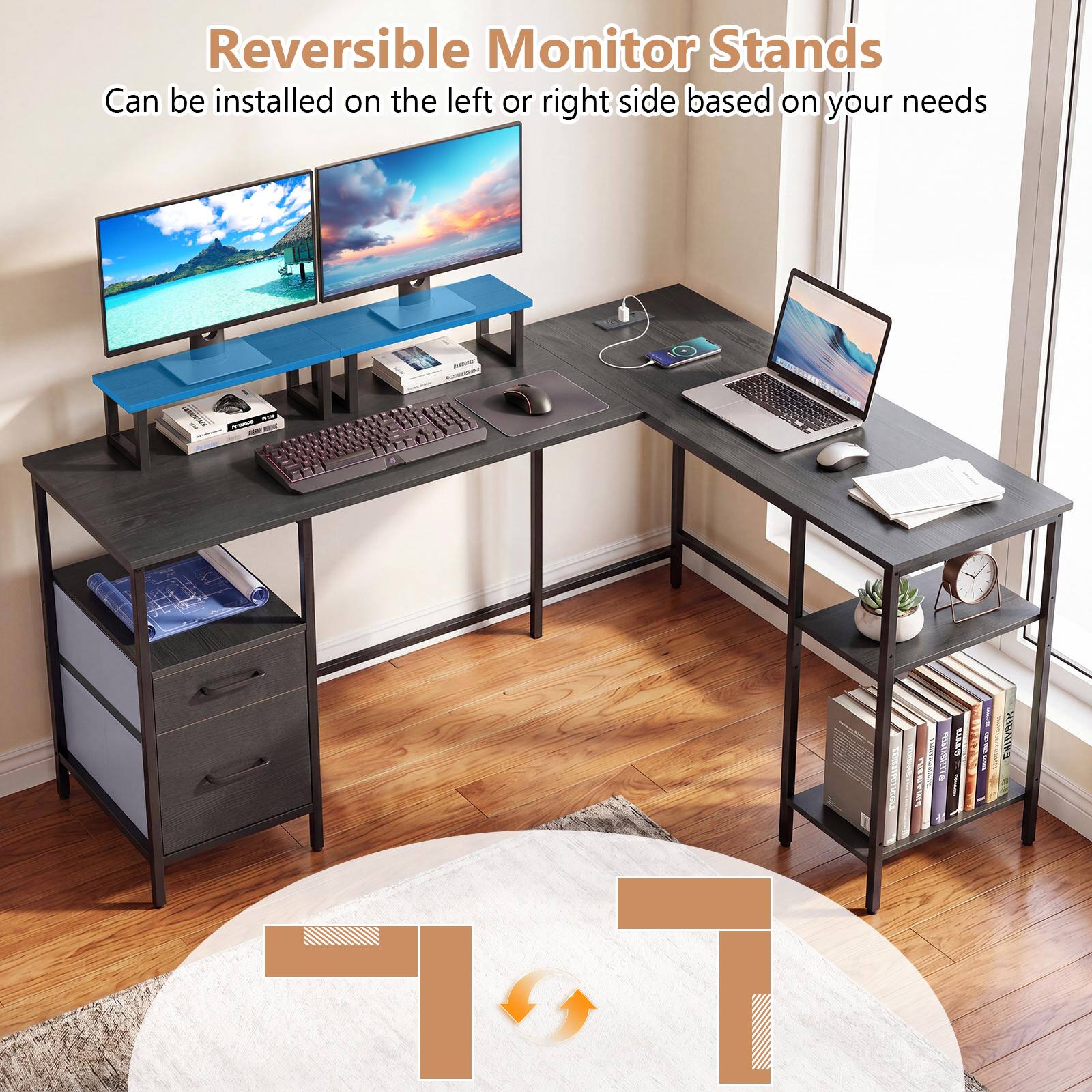 Reversible Monitor Stands  
Can be installed on the left or right side based on your needs