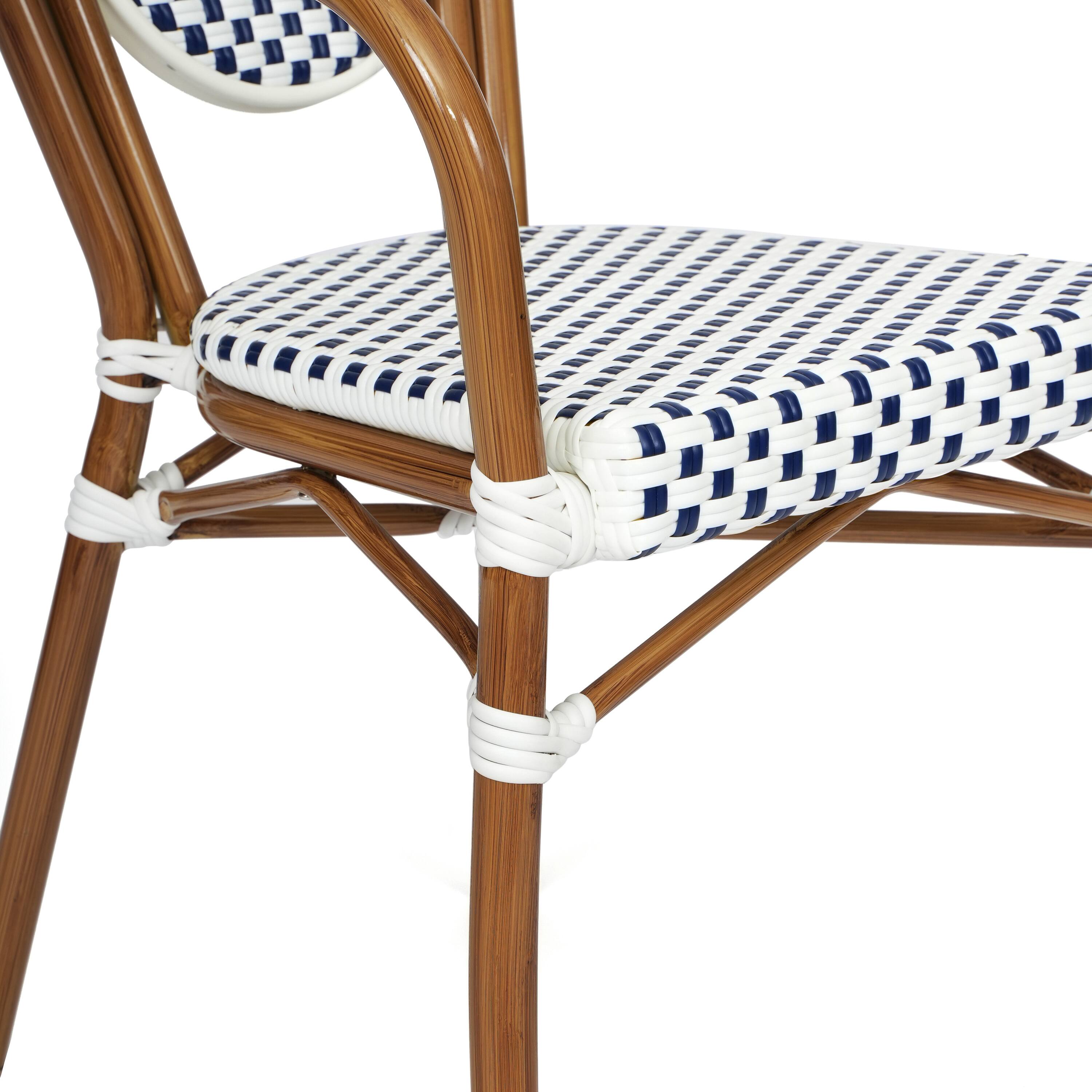 Alt View 10. Emma + Oliver - Colmar Set of Two Indoor/Outdoor Stacking Thonet Bistro Style Chairs with Arms, PE Rattan Seat and Metal Frame - White & Navy/Natural Frame.