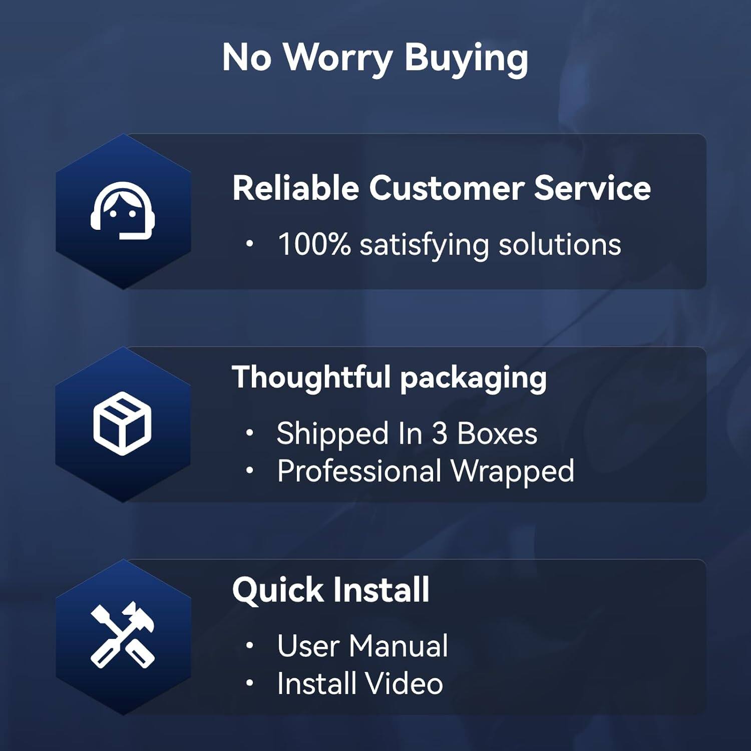 No Worry Buying

- Reliable Customer Service
  - 100% satisfying solutions

- Thoughtful packaging
  - Shipped In 3 Boxes
  - Professional Wrapped

- Quick Install
  - User Manual
  - Install Video