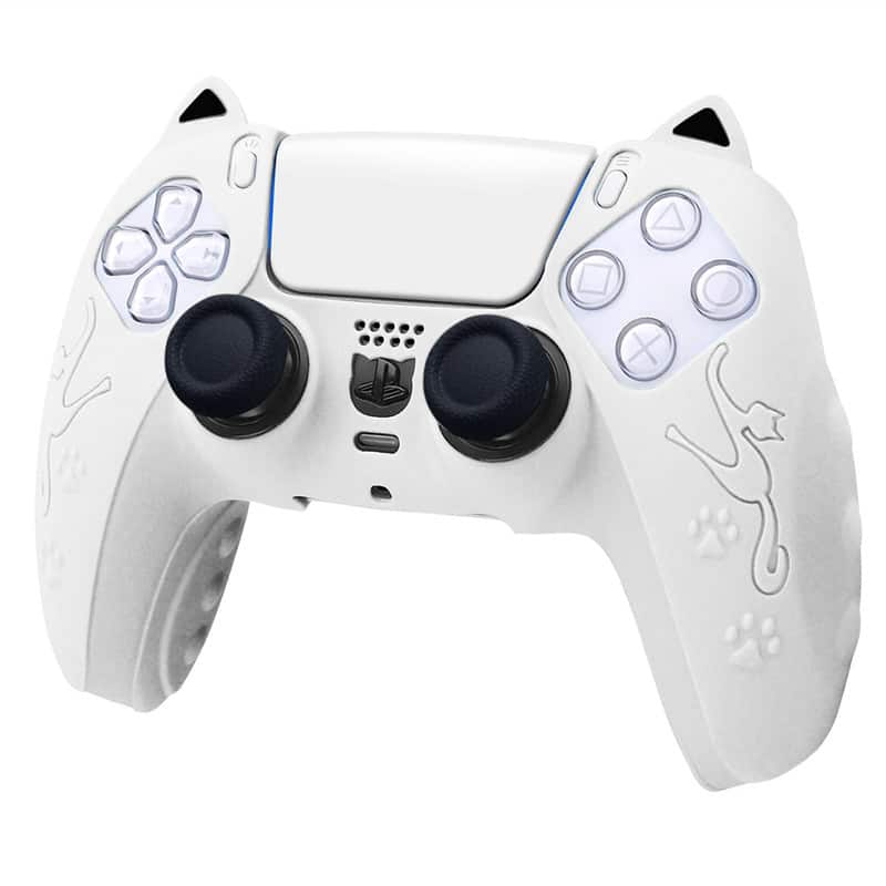 SKRAN - PS5 Controller Silicone Case - Cat Cartoon Gamepad Protective Cover, Anti-Fall Anti-Scratch, Cute Kitten PS5 Handle Skin - White