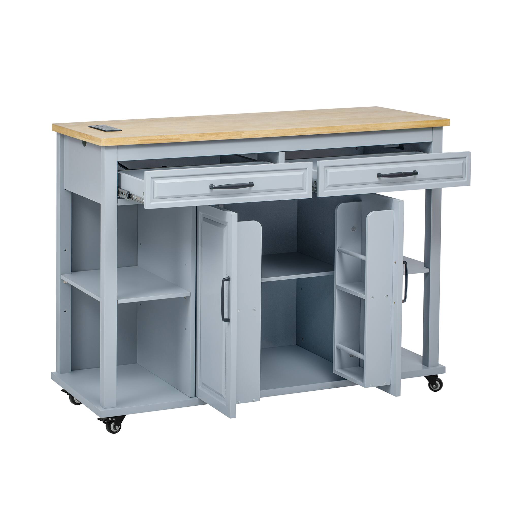 Alt View 3. Forest'nSky - 47" Extendable Kitchen Island – Rubber Wood Veneer with Power Outlet, 2 Drawers, 2 Cabinets & Storage Rack, Grey Blue - Grey Blue.