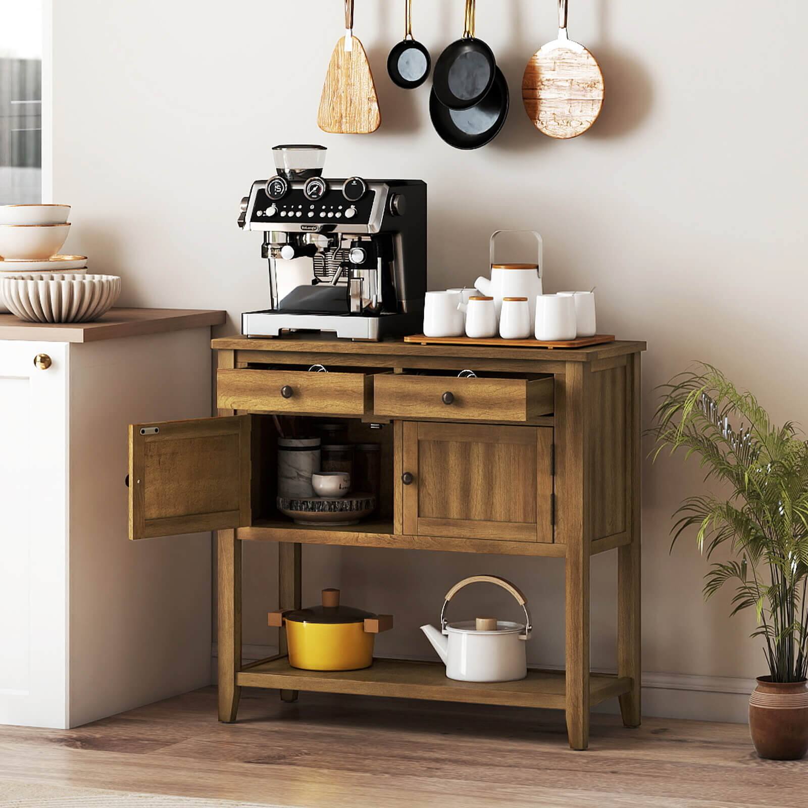 Alt View 1. Costway - Costway Mid-Century Console Table with 2 Drawers, 2 Cabinets & Bottom Shelf for Hallway - Brown.