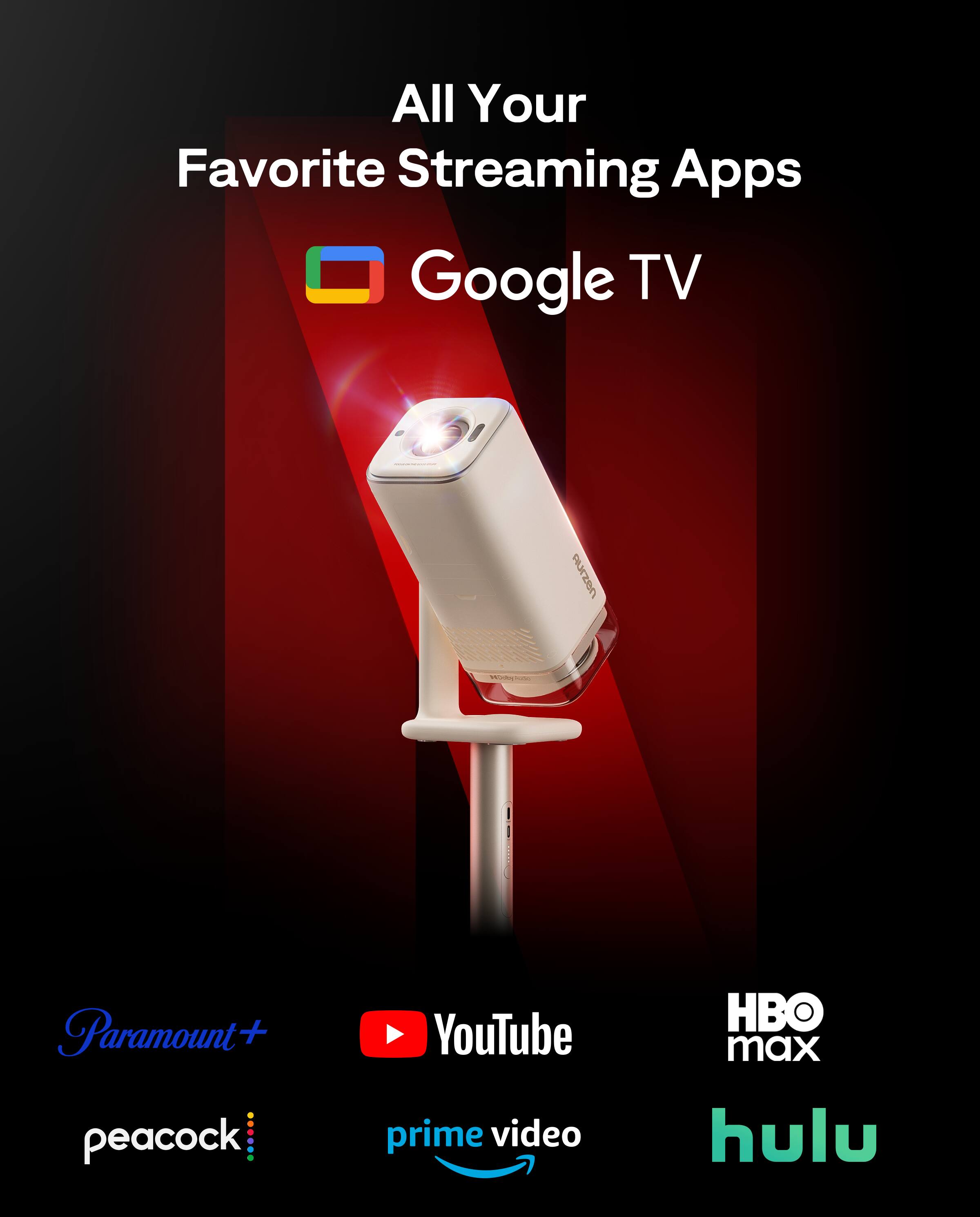 All Your Favorite Streaming Apps  
Google TV  
Paramount+  
YouTube  
peacock  
prime video  
HBO max  
hulu