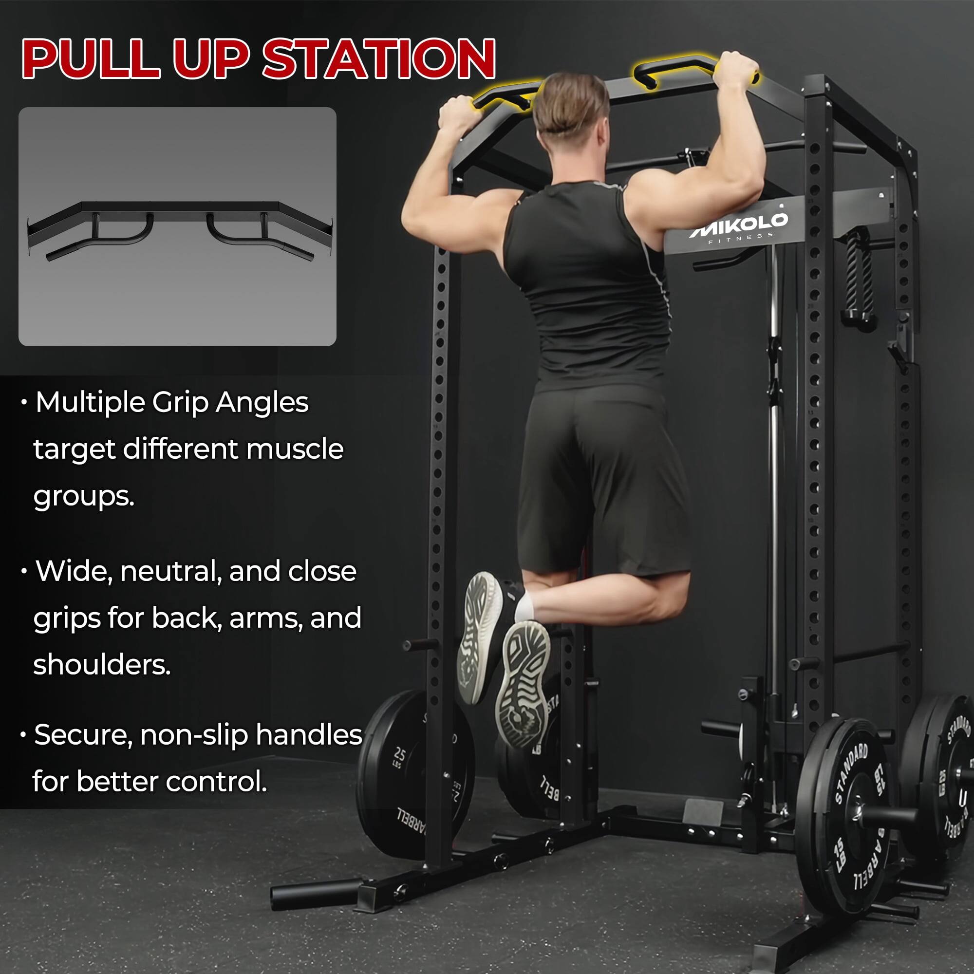 PULL UP STATION

- Multiple Grip Angles target different muscle groups.
- Wide, neutral, and close grips for back, arms, and shoulders.
- Secure, non-slip handles for better control.