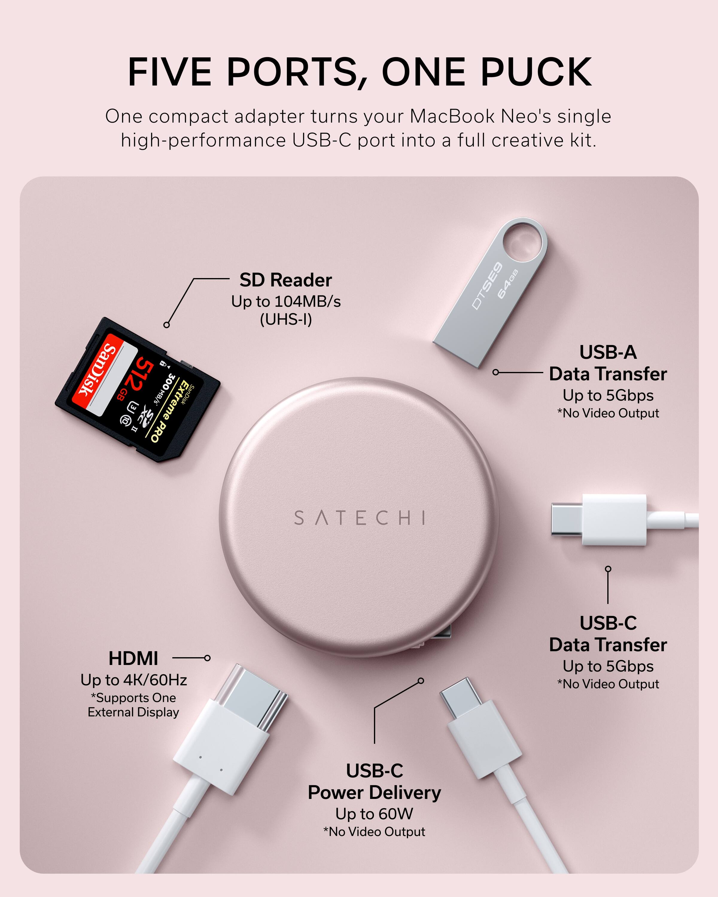 FIVE PORTS, ONE PUCK

One compact adapter turns your MacBook Neo's single high-performance USB-C port into a full creative kit.

- SD Reader
  - Up to 104MB/s (UHS-I)

- USB-A
  - Data Transfer
  - Up to 5Gbps
  - *No Video Output

- HDMI
  - Up to 4K/60Hz
  - *Supports One External Display

- USB-C
  - Data Transfer
  - Up to 5Gbps
  - *No Video Output

- USB-C
  - Power Delivery
  - Up to 60W
  - *No Video Output