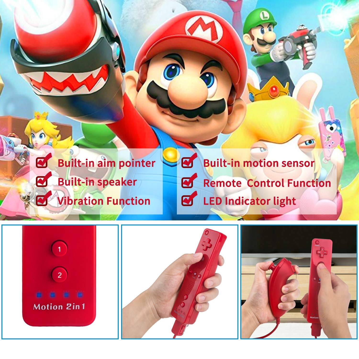 - Built-in aim pointer
- Built-in speaker
- Vibration Function
- Built-in motion sensor
- Remote Control Function
- LED Indicator light
- Motion 2in1