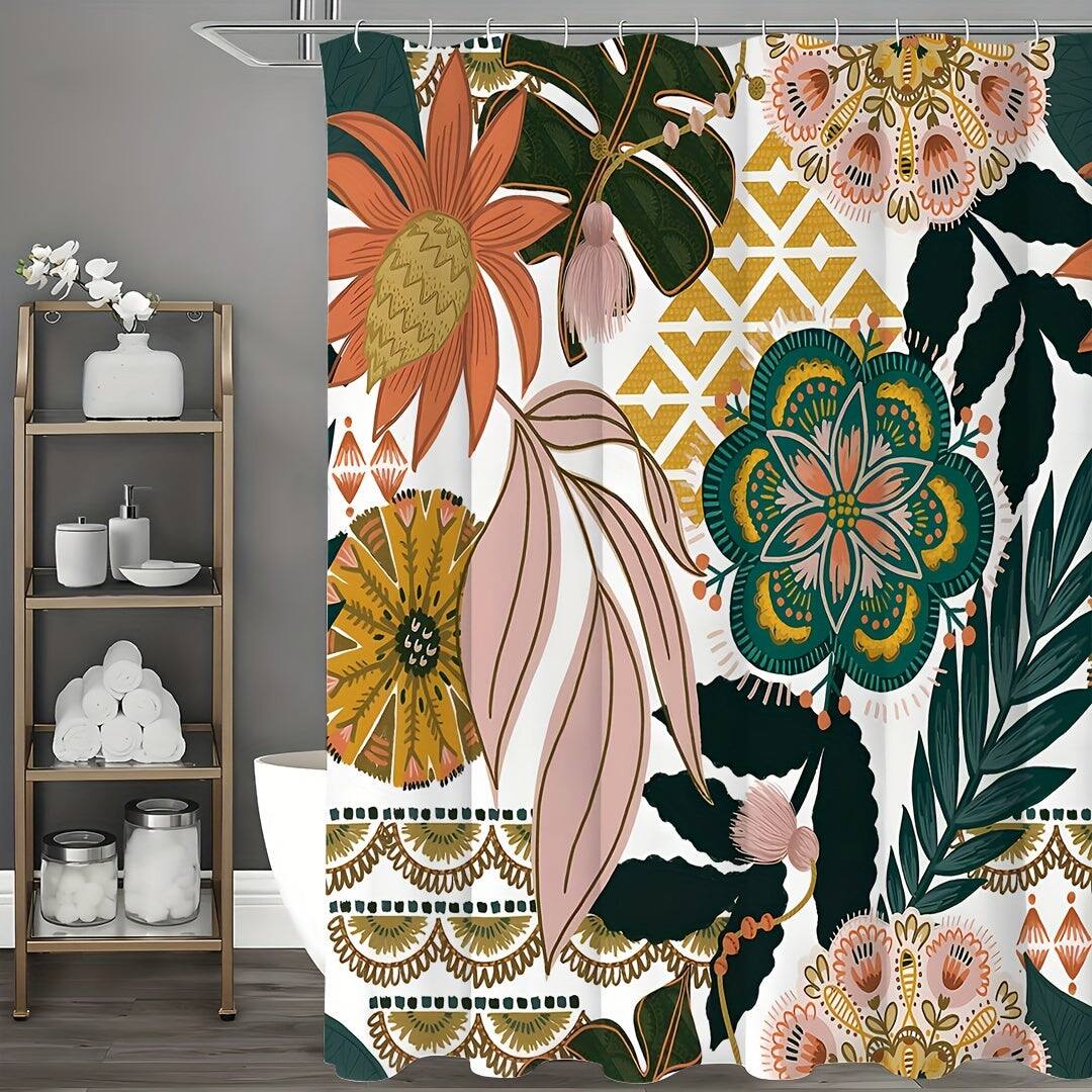 Alt View 1. blue - Boho Floral Shower Curtain, Tropical Leaves Fabric Cloth Shower Curtains for Chic Elegant Bathroom Deco - multicolor180.