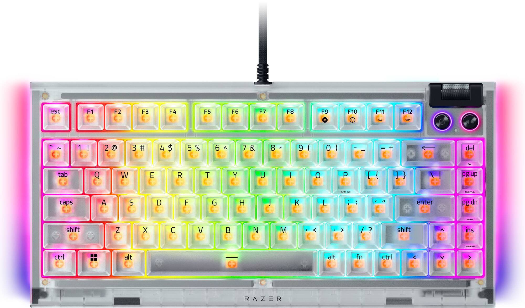 esc F1 F2 F3 F4 F5 F6 F7 F8 F9 F10 F11 F12 M - 1 ! 2 @ 3 # 4 $ 5 % 6 ^ 7 & 8 * 9 ( 0 ) = + del tab Q W E R T Y U I O P caps A S D F G H J K L enter Z X C V B N M < > shift ctrl alt fn ctrl RAZER