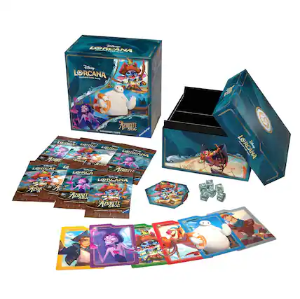 Lorcana is a game that comes in a box with cards and game pieces. The box is blue and has a picture of a character on it. The game is designed for players to collect cards and use them to play the game. The cards are colorful and feature various characters, making the game visually appealing and engaging. The game pieces are used to represent the characters in the game, adding to the overall experience.