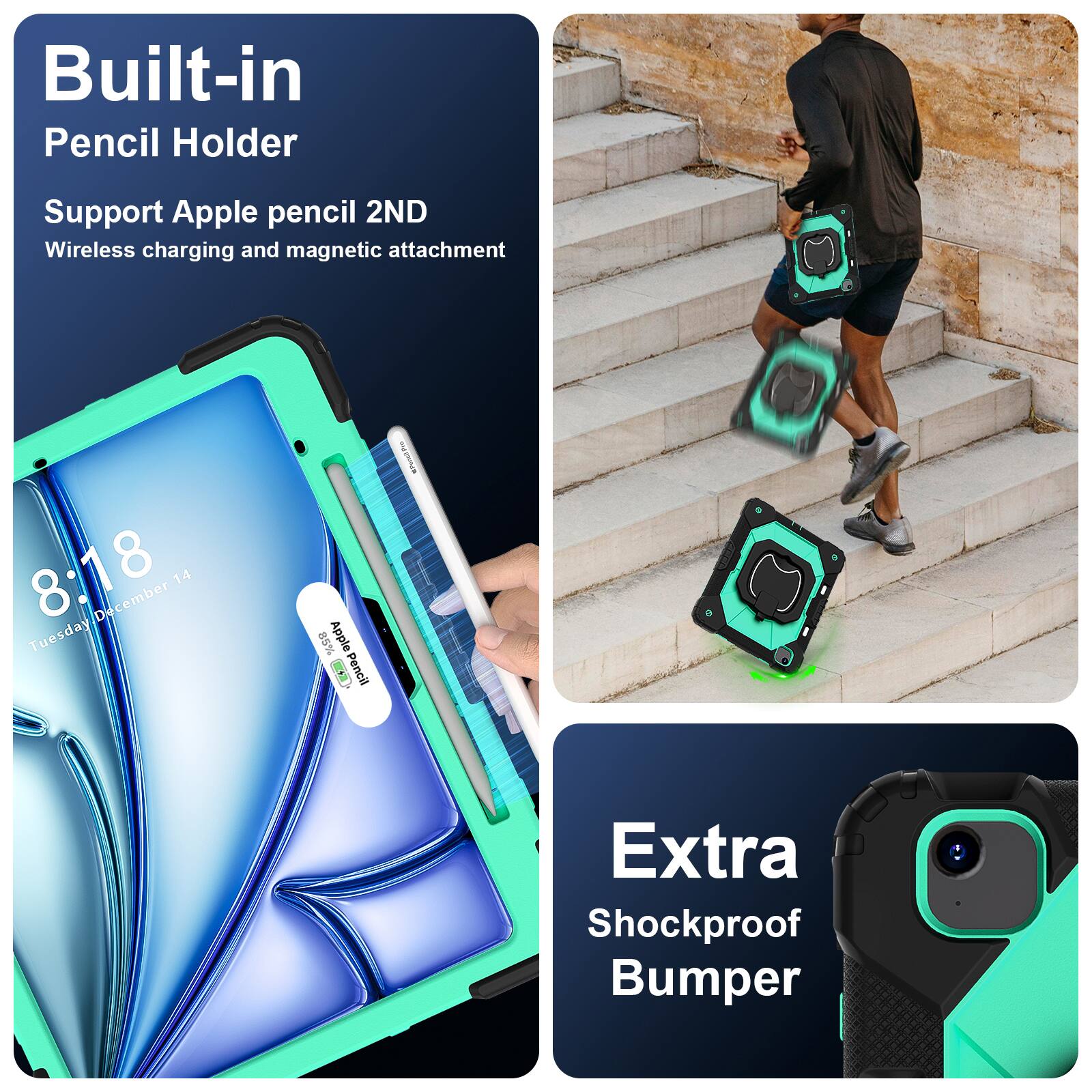 Built-in Pencil Holder  
Support Apple pencil 2ND  
Wireless charging and magnetic attachment  

8:18  
Tuesday, December 14  

Extra Shockproof Bumper