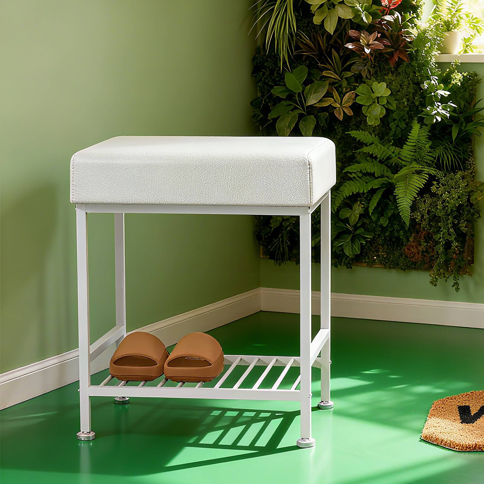Alt View 1. Oumilen - PU Padded Entryway Shoe Bench with Metal Frame & Lower Shoe Rack, White - White.