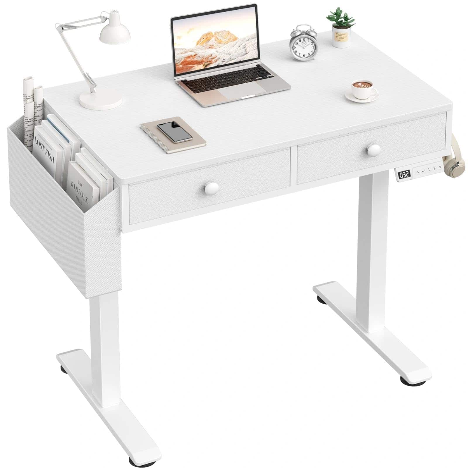 Hirose Alice - Electric Standing Desk with Drawers - nch Small Height Adjustable Sit Stand Desk with Storage for Home Offi - White 31.5''